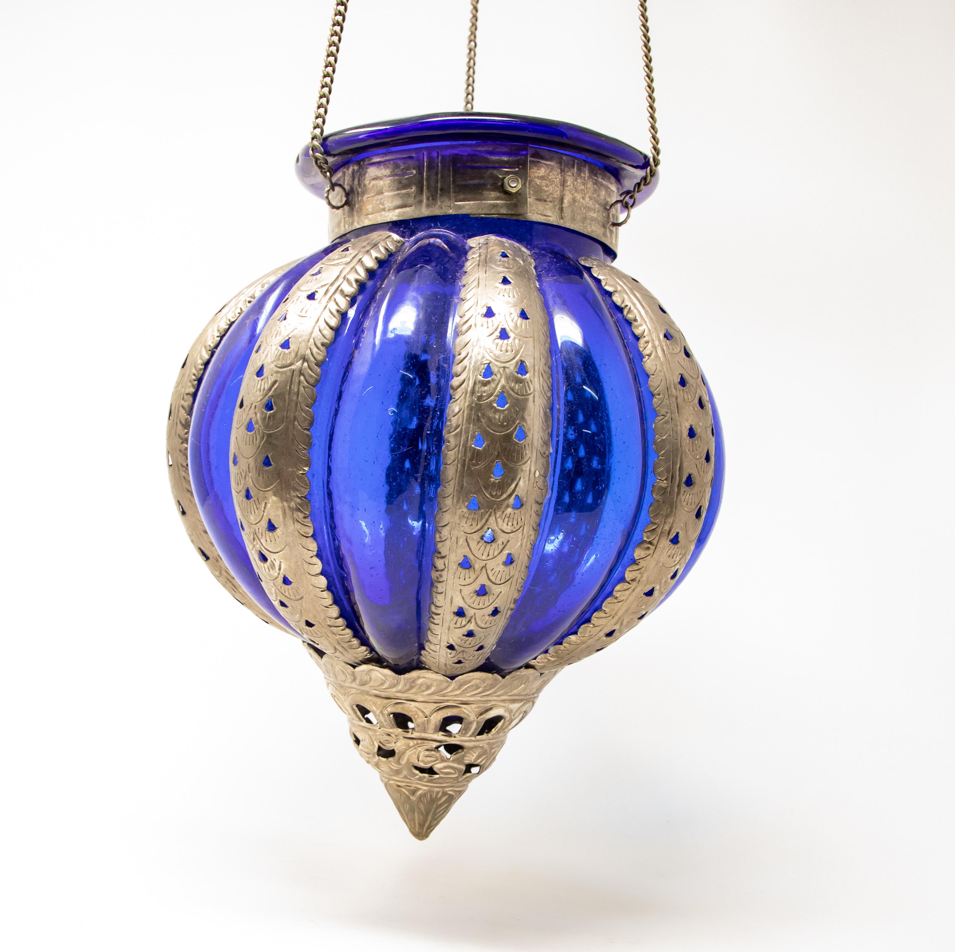 Pewter Moroccan Lantern with Blue Glass For Sale 6