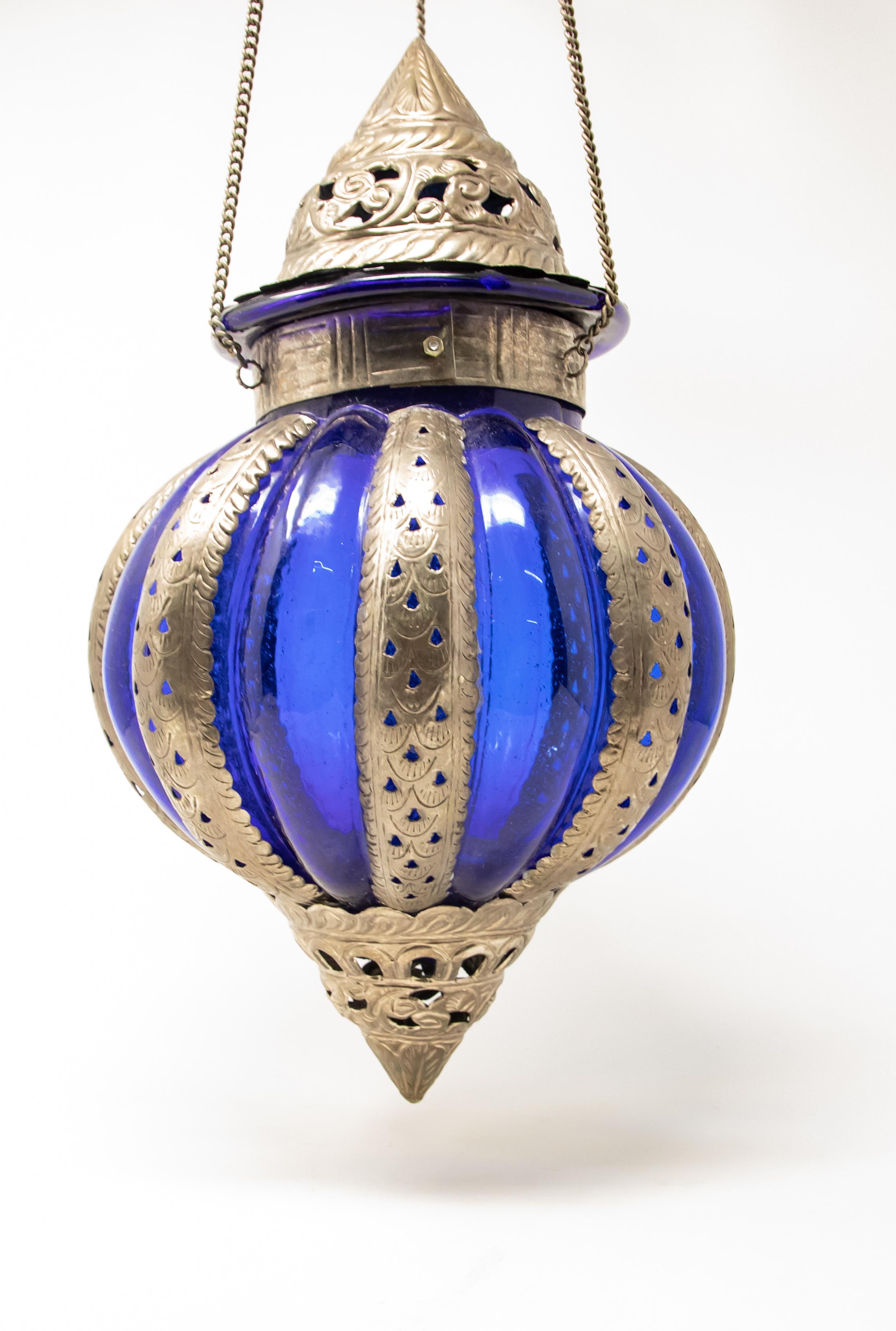 Pewter Moroccan Lantern with Blue Glass For Sale 7