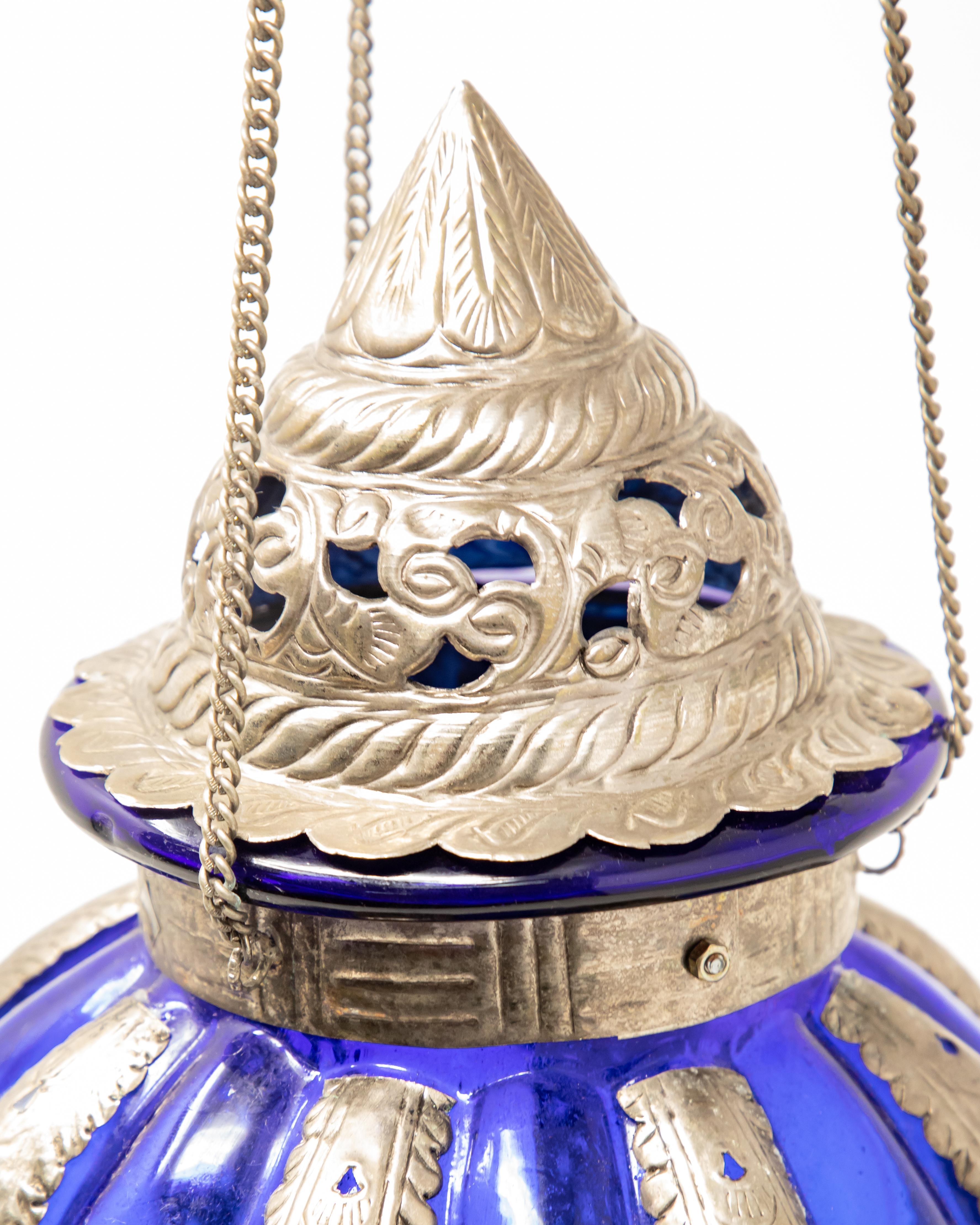 Arts and Crafts Pewter Moroccan Lantern with Blue Glass For Sale