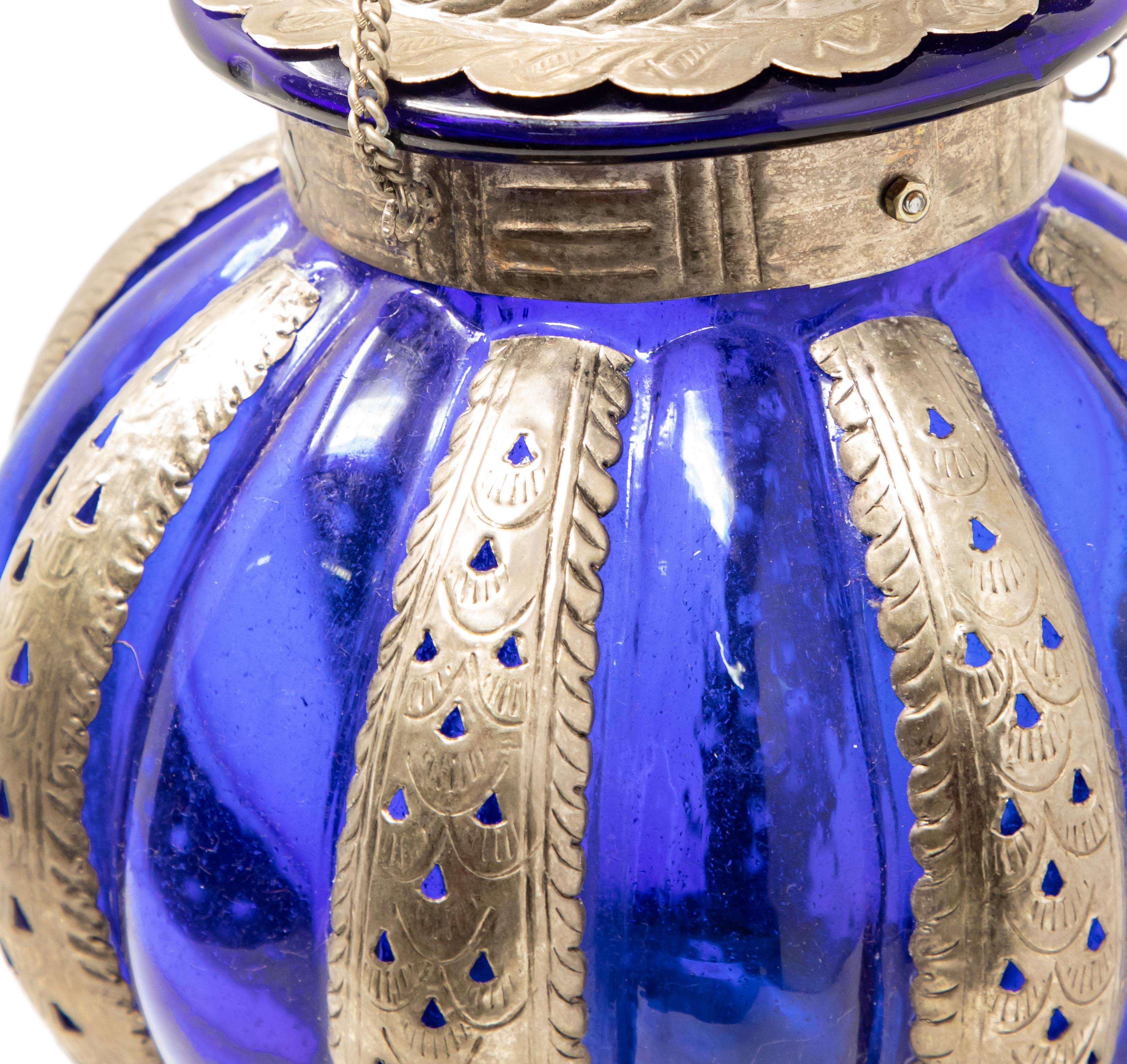 Fired Pewter Moroccan Lantern with Blue Glass For Sale