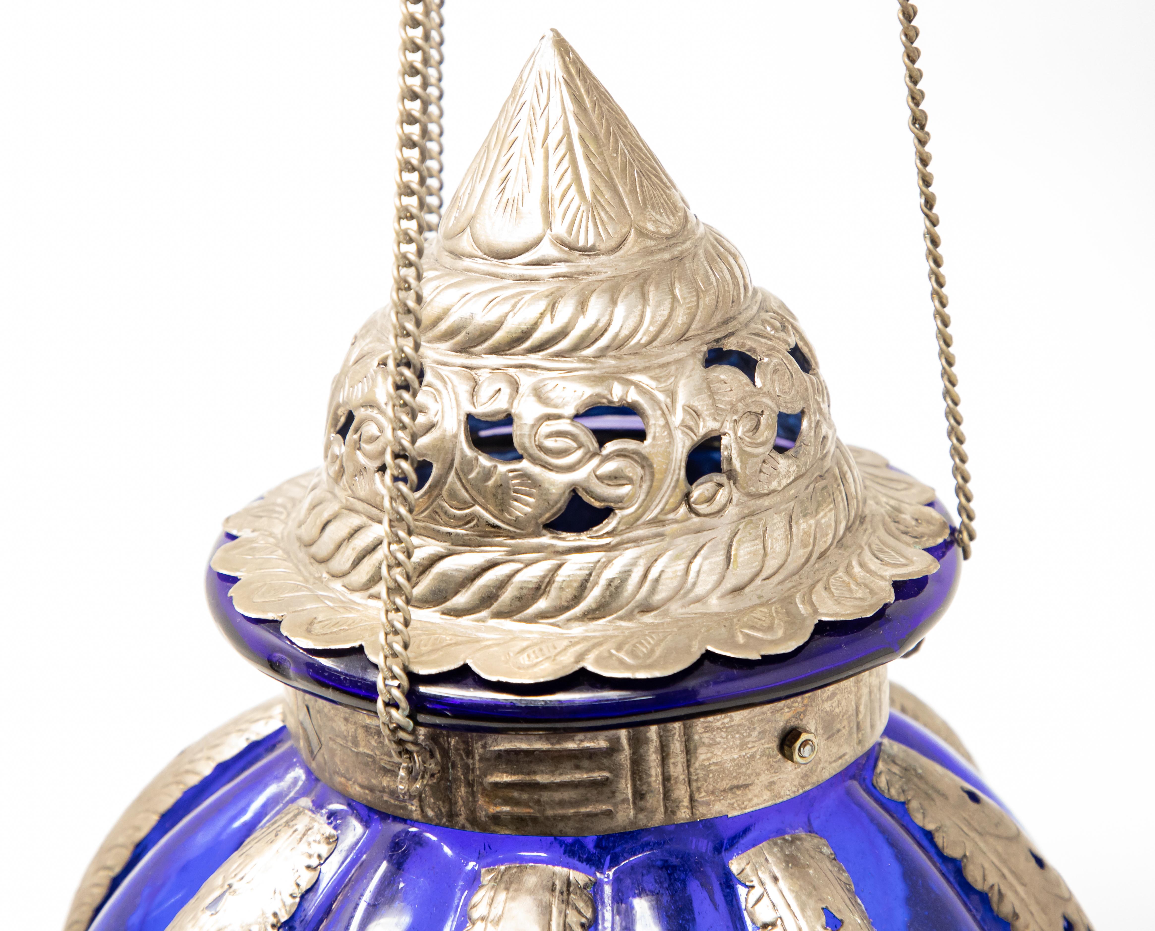 Pewter Moroccan Lantern with Blue Glass In Fair Condition For Sale In Cookeville, TN