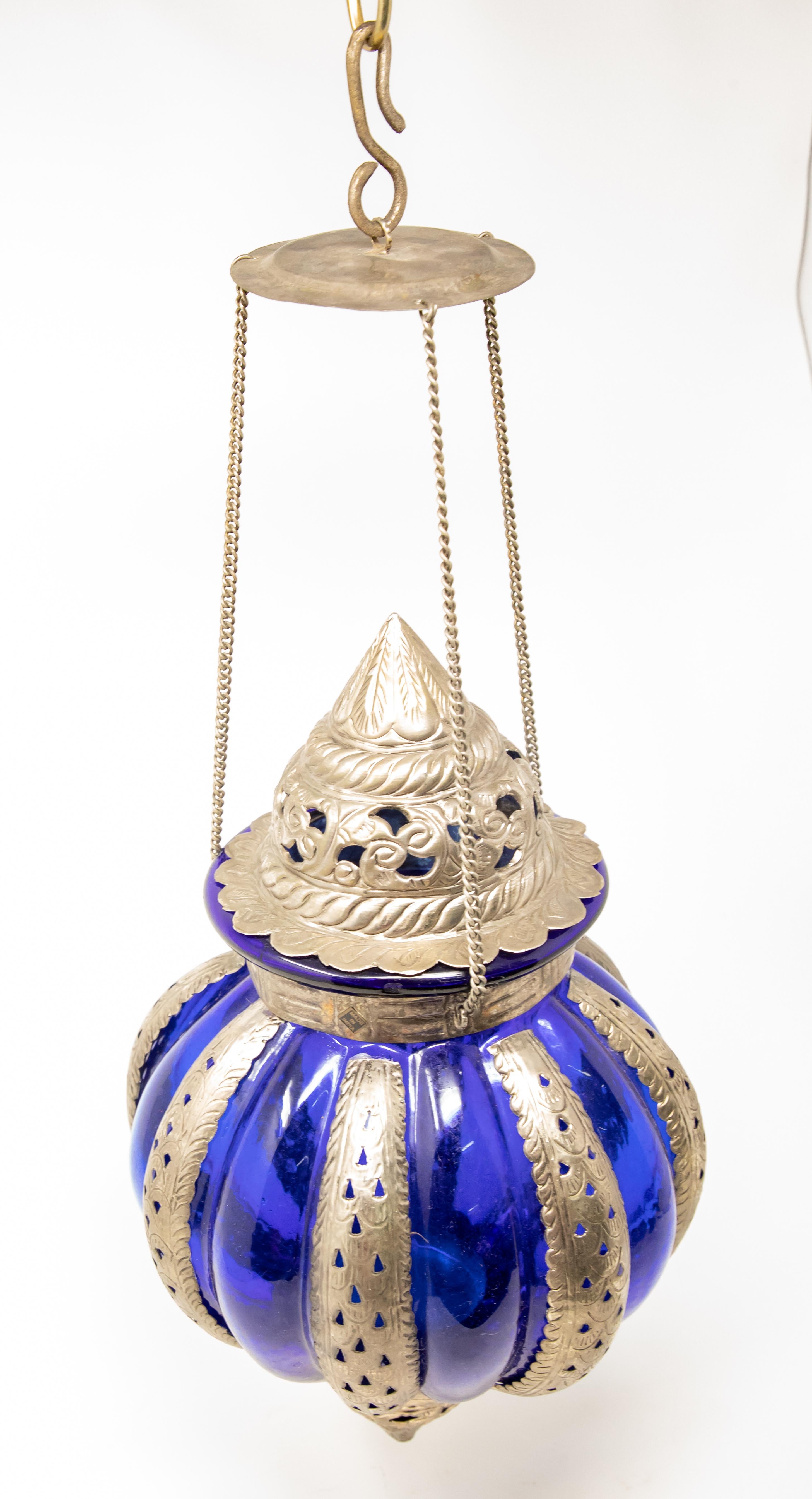 20th Century Pewter Moroccan Lantern with Blue Glass For Sale