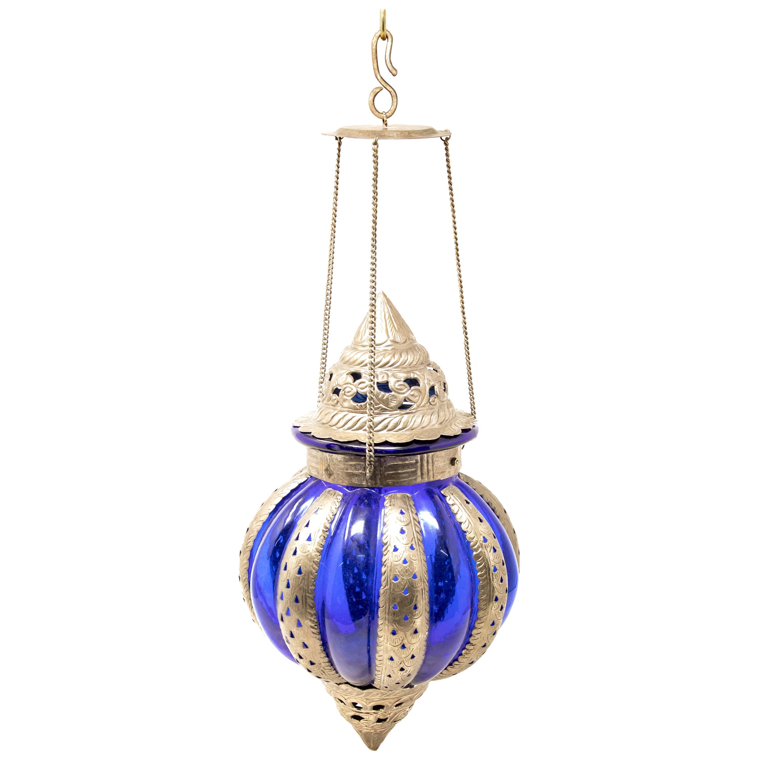 Pewter Moroccan Lantern with Blue Glass For Sale
