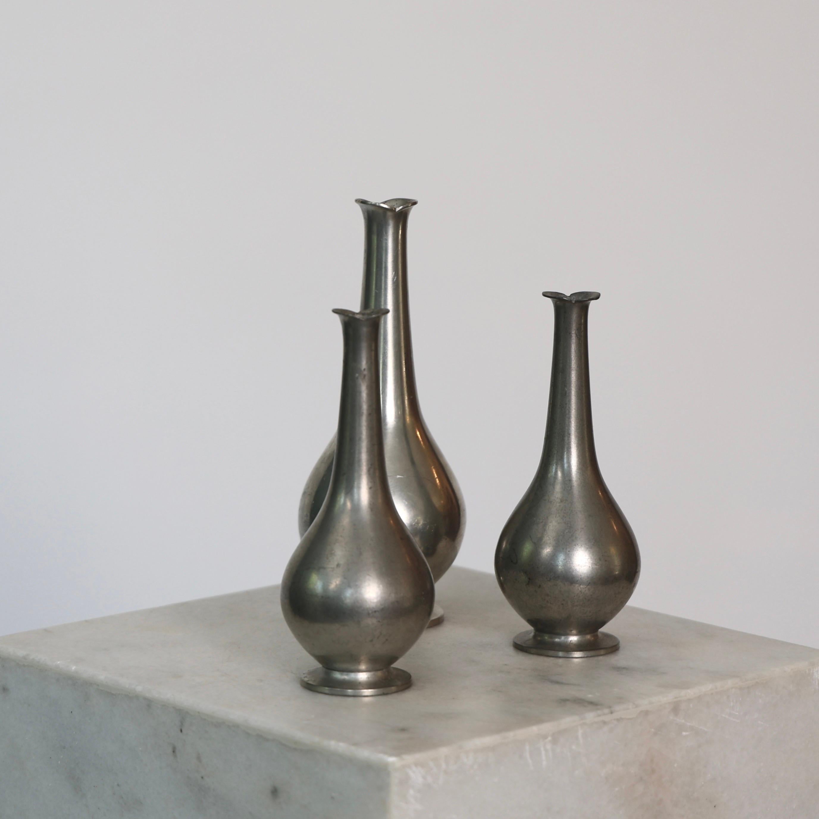 Danish Pewter Vase Trio by Just Andersen, 1920s, Denmark For Sale