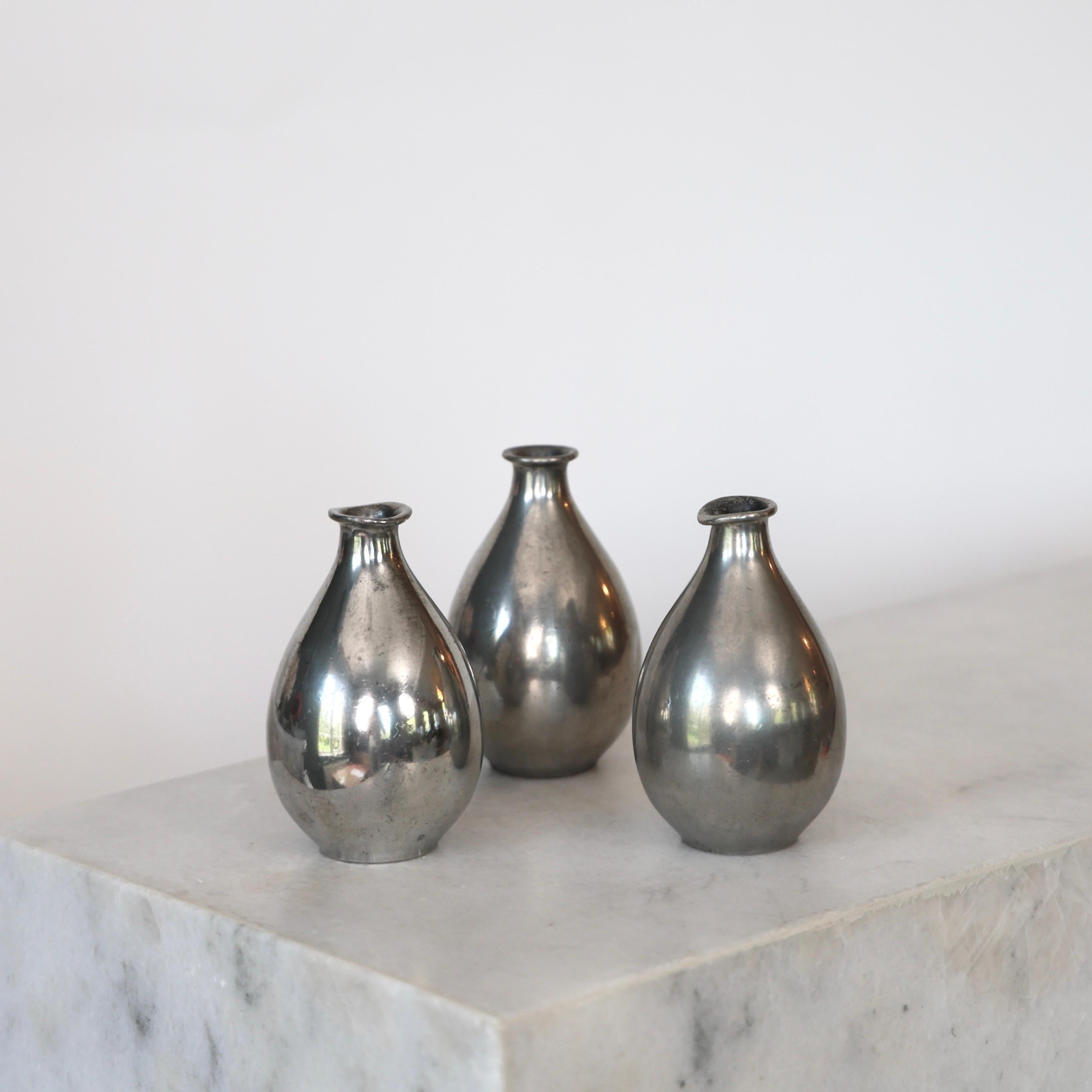 Danish Pewter Vase Trio designed by Ellen Schlanbush for Just Andersen, 1940s, Denmark For Sale