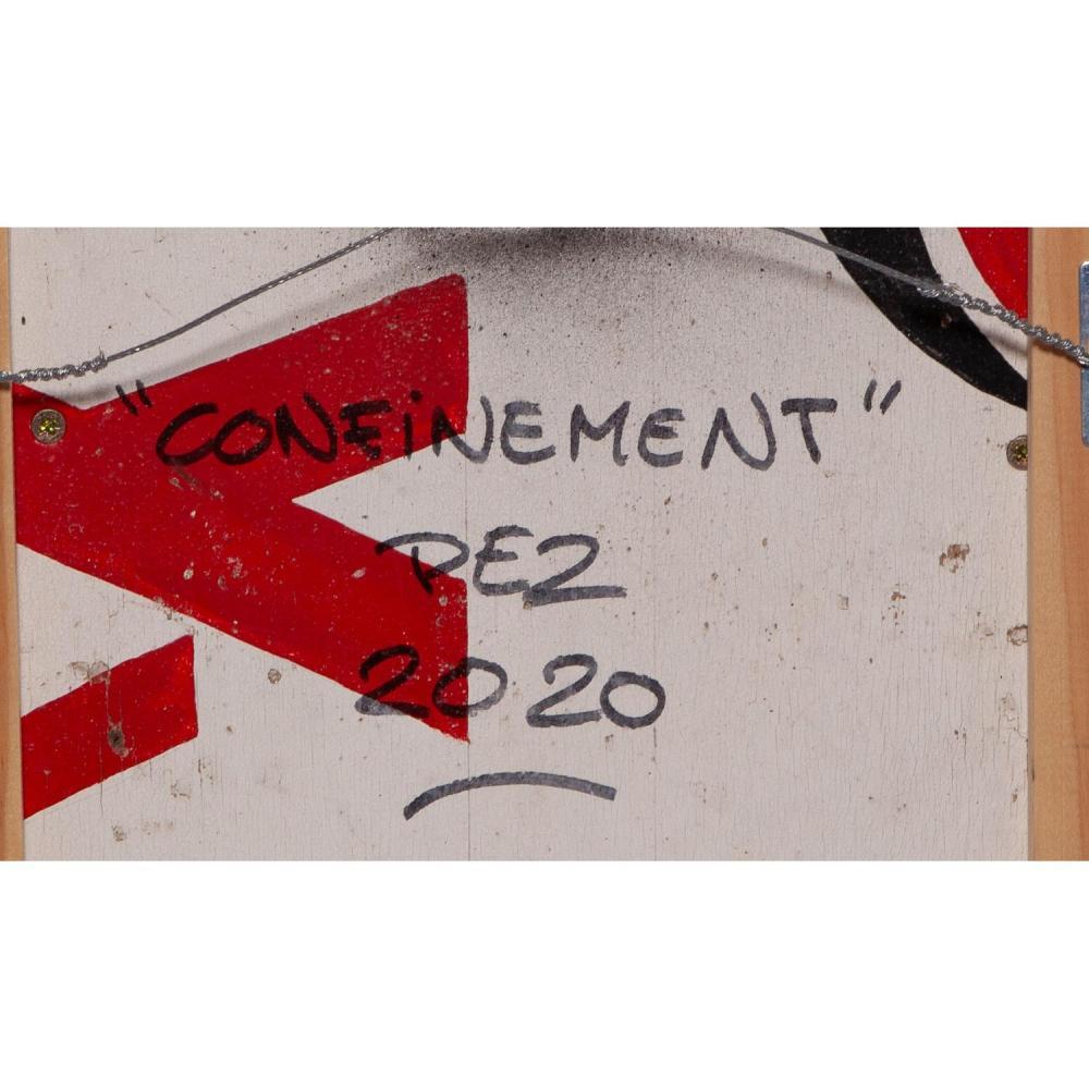 Artist:  PEZ (Pierre-Yves Riveau)
Title: Confinement
Size: 28 7/10 × 17 3/10 in  73 × 44 cm
Medium: Multimedia Reclaimed Wood And Acrylic
Edition:  Original  
Year:  2020
Notes: Hand Signed, Titled and Dated on Verso.