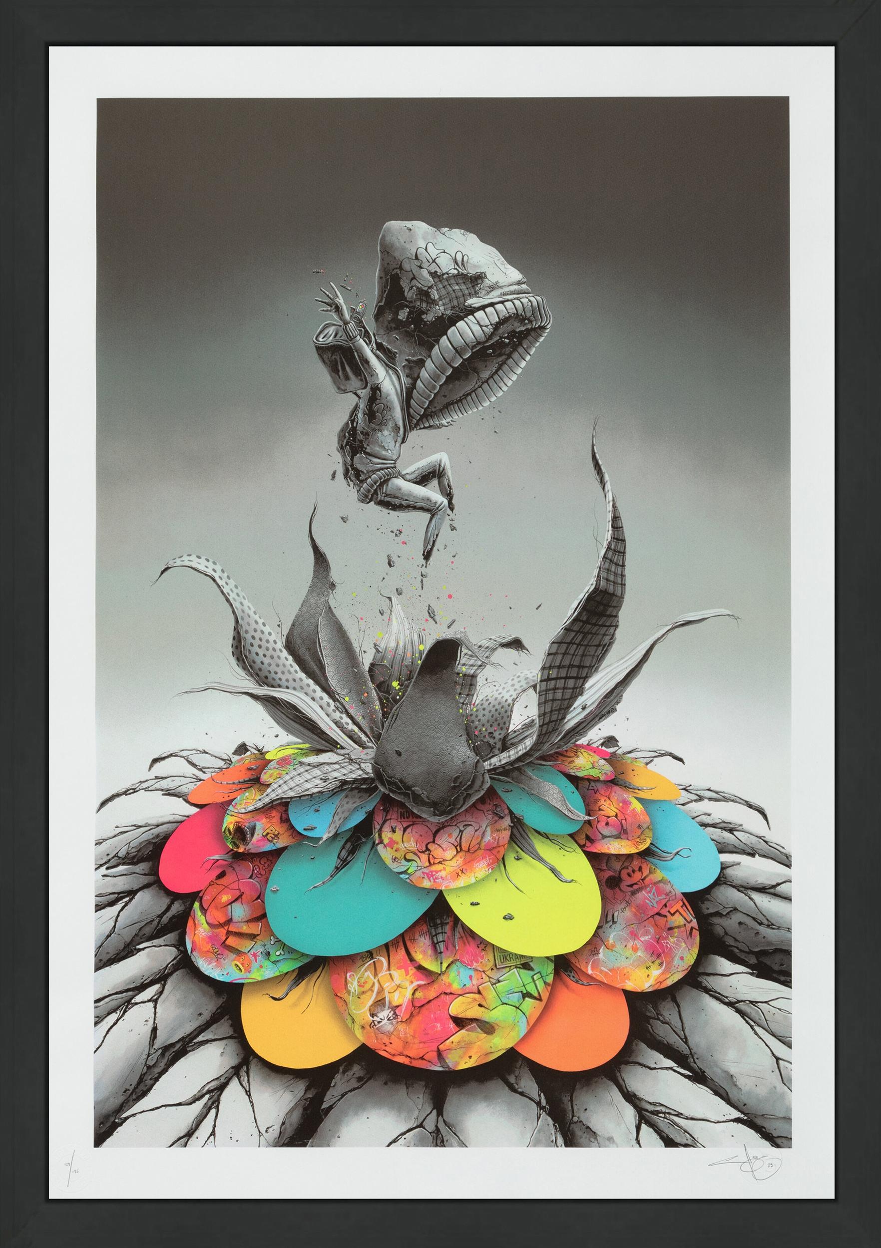 Pez Pierre Yves Riveau Portrait Print – Bloom Boom (gerahmter, handsignierter Siebdruck)
