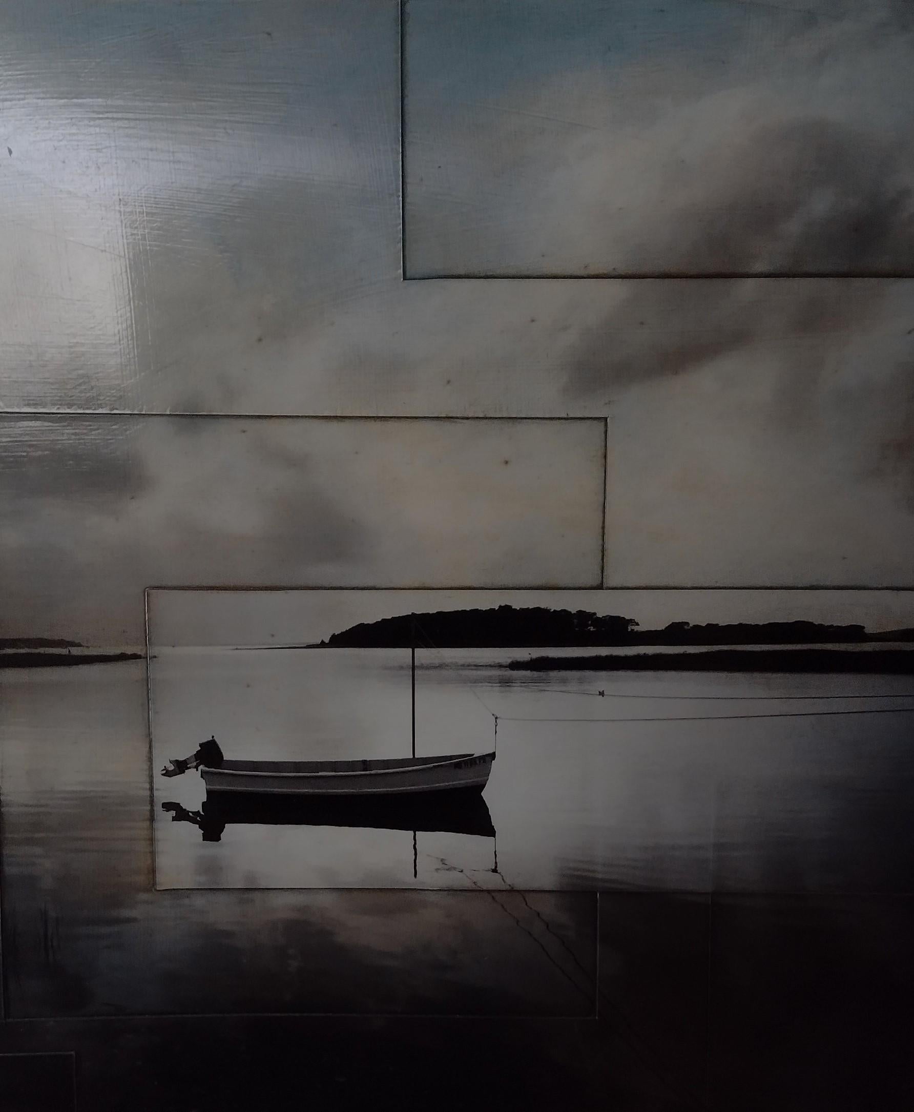 Boat on Lake - Original Photography Collage on Paper - Black Landscape Photograph by Pezhman 