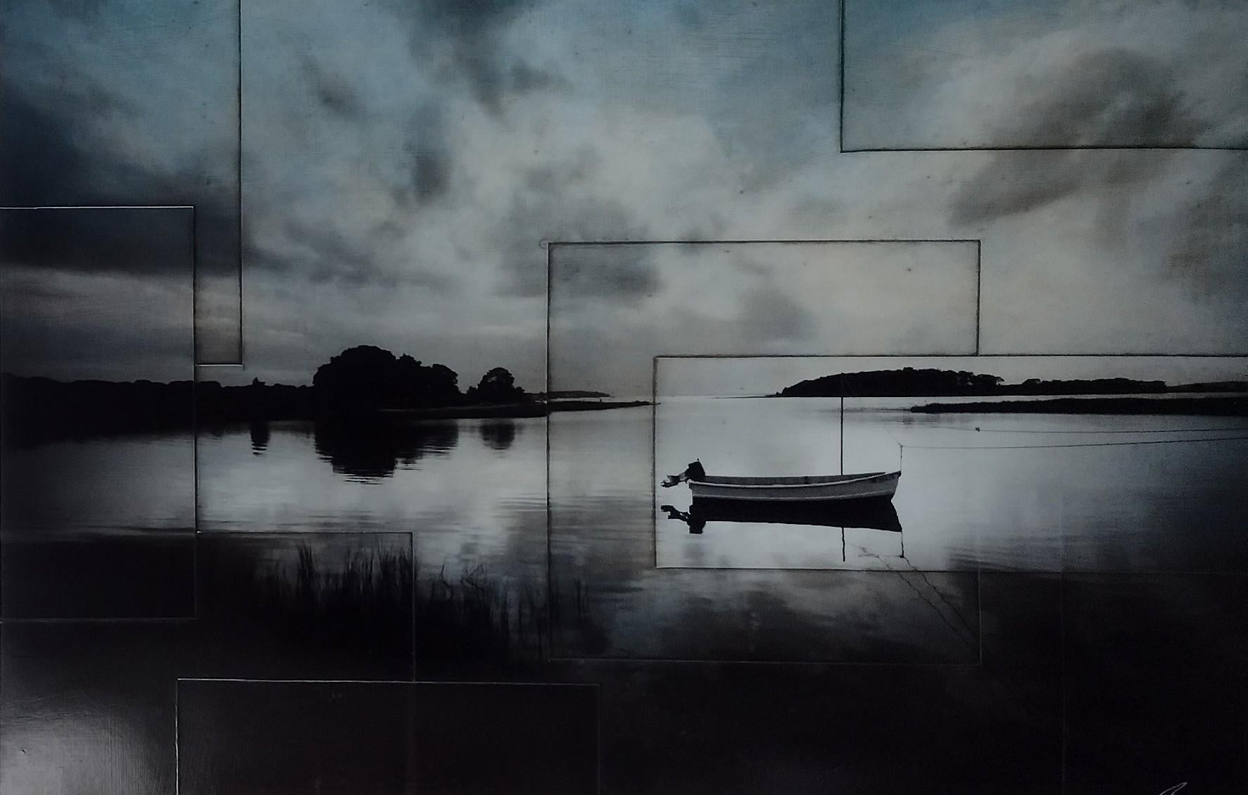 Pezhman  Landscape Photograph - Boat on Lake - Original Photography Collage on Paper