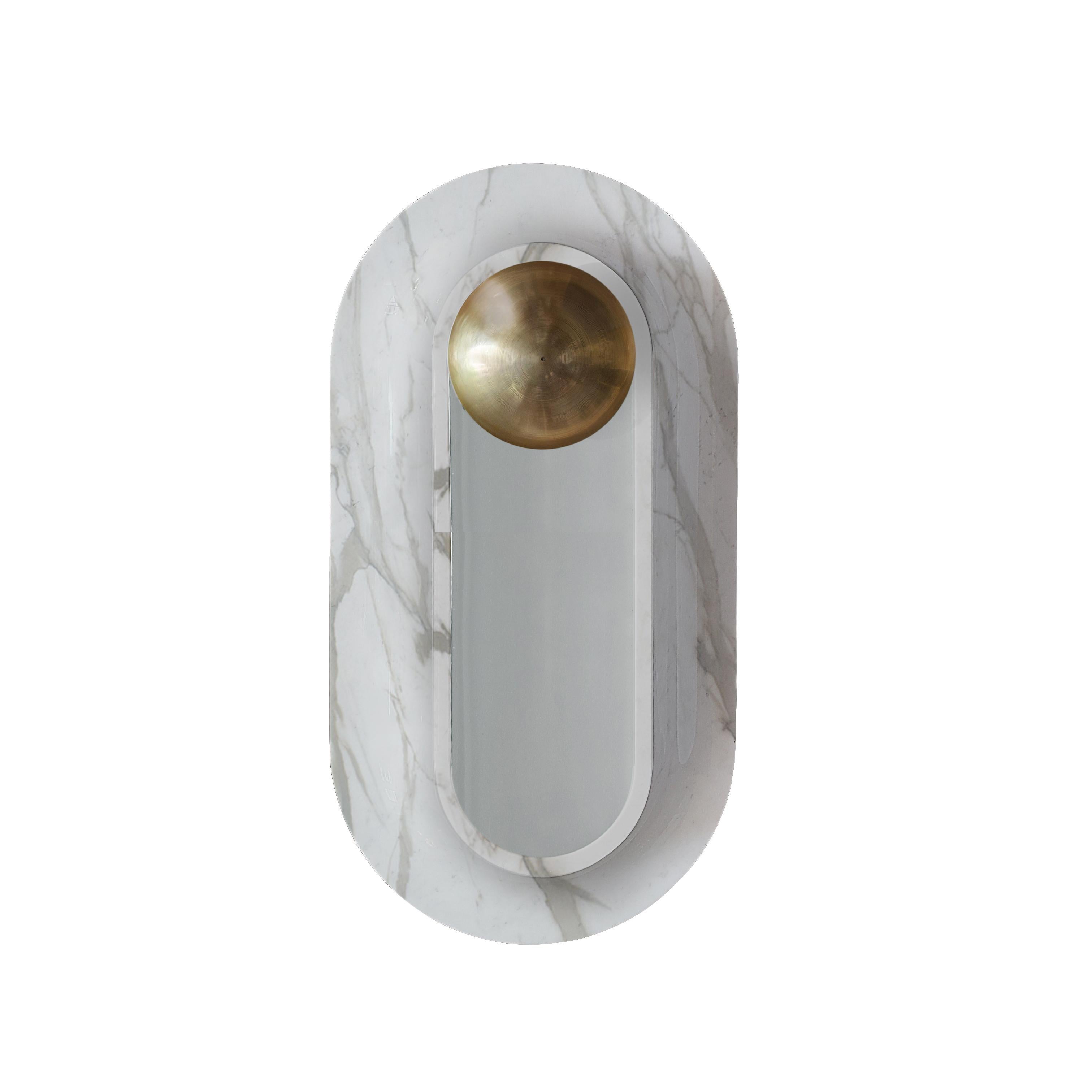 Pfaffikon sconce by Jan Garncarek
Dimensions: D 12 x W 25 x H 46 cm
Material: Brass, glass, Carrara marble.

Information:
weight: 7 kg / 33 lb
voltage: 120V, 240V
lamping: 1 X 12 W dimmable LED module
lumens:1000 Im
kcolortemperature:2700