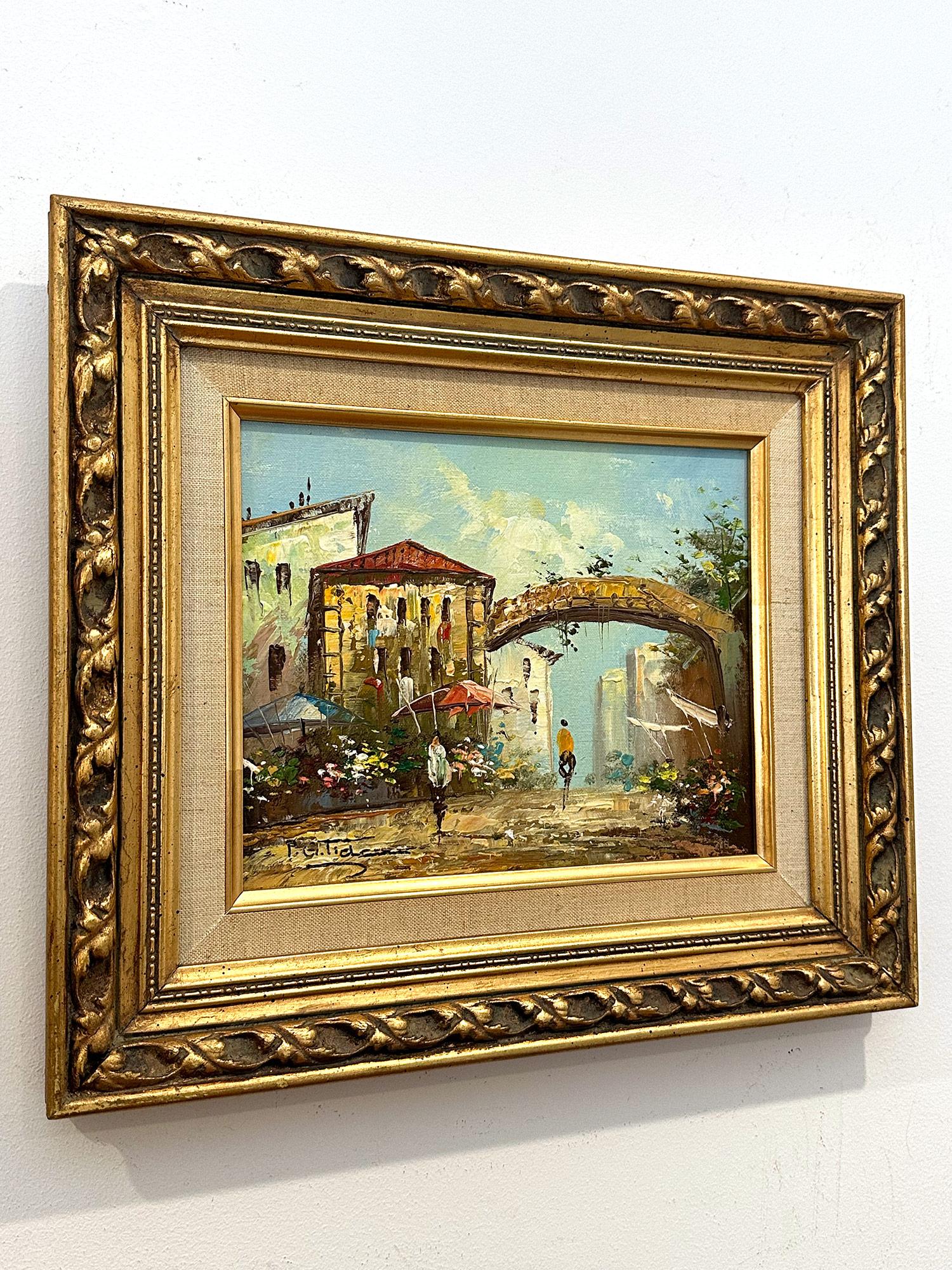 « Scène de rue de ville parisienne » Peinture à l'huile du milieu du 20e siècle en vente 8