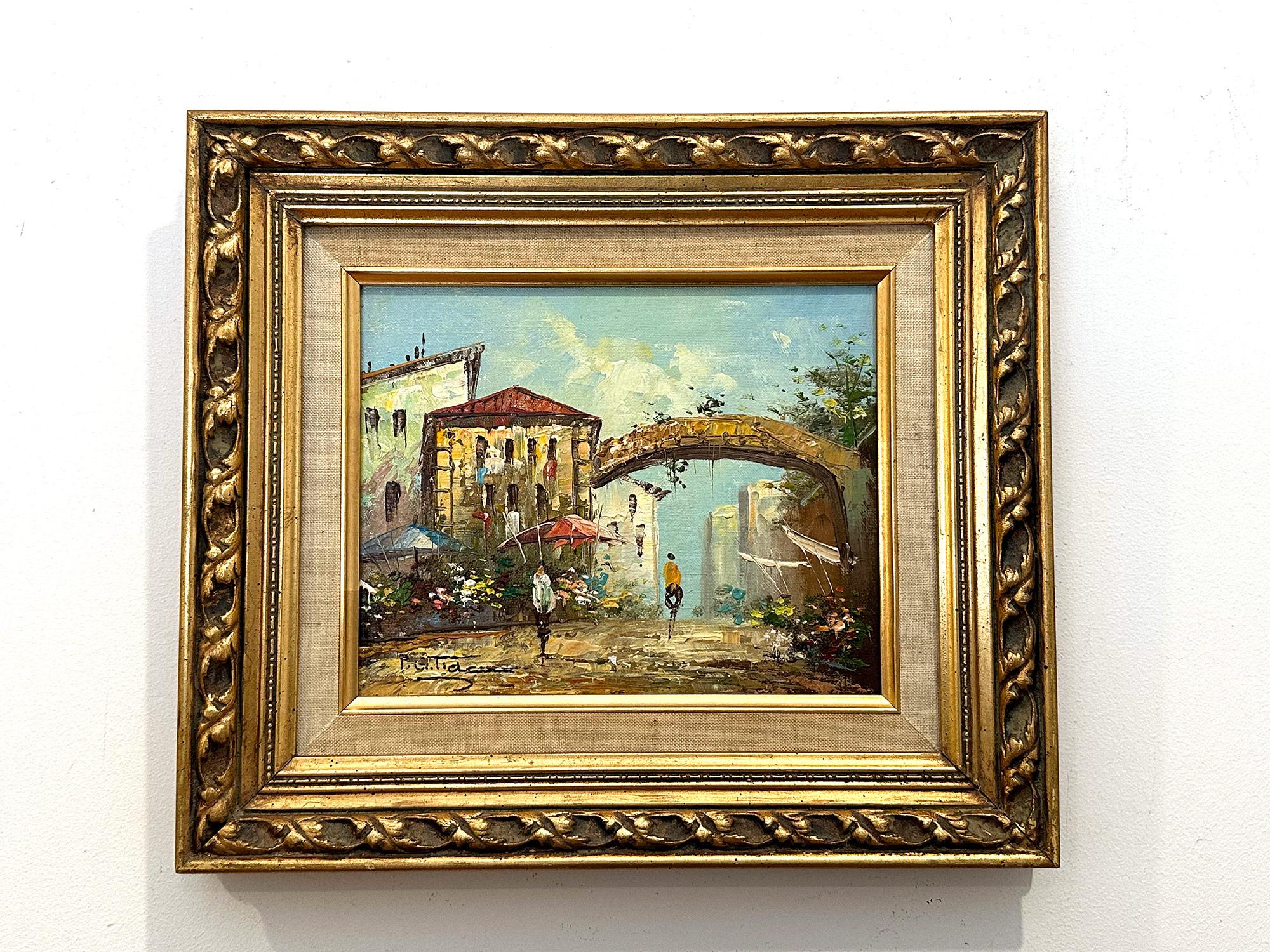 « Scène de rue de ville parisienne » Peinture à l'huile du milieu du 20e siècle en vente 9