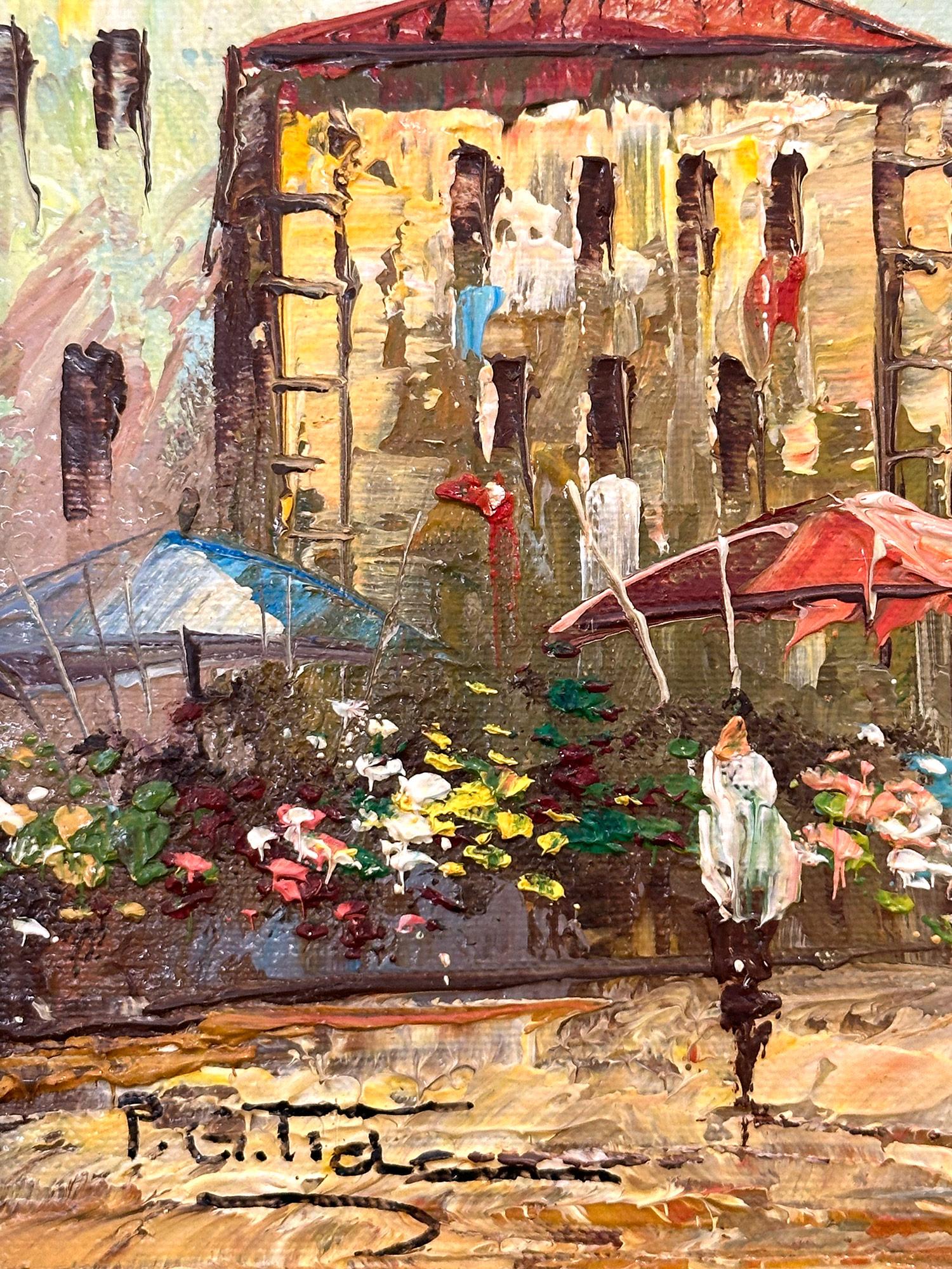 This painting depicts a colorful Mid Century Street in Paris France, a popular subject of the times painted by many important impressionist 20th Century painters. This piece is a bold display of color and thick use of paint. The artist captures the