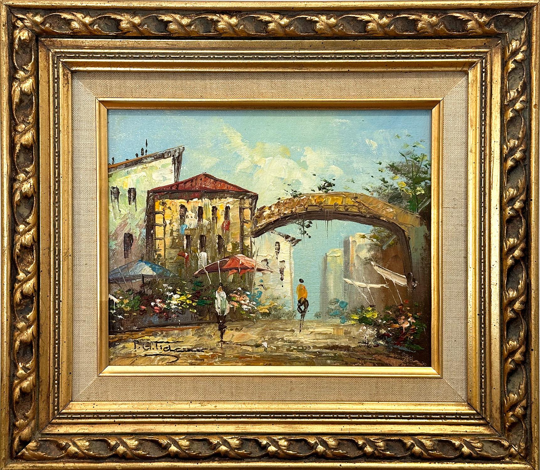 « Scène de rue de ville parisienne » Peinture à l'huile du milieu du 20e siècle