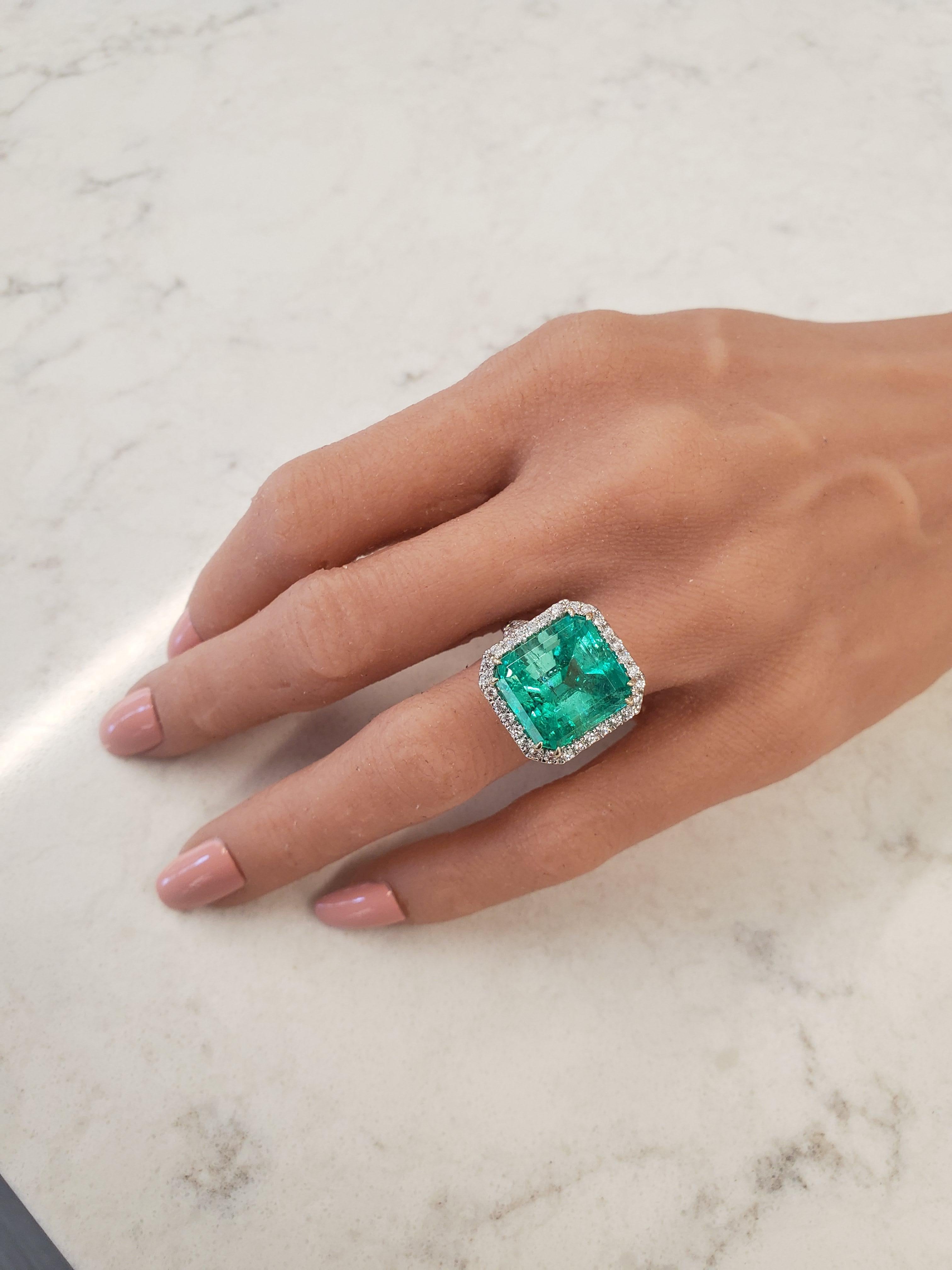 Women's PGS Certified 13.06 Carat Colombian Emerald Cut Emerald and Diamond 18K Ring