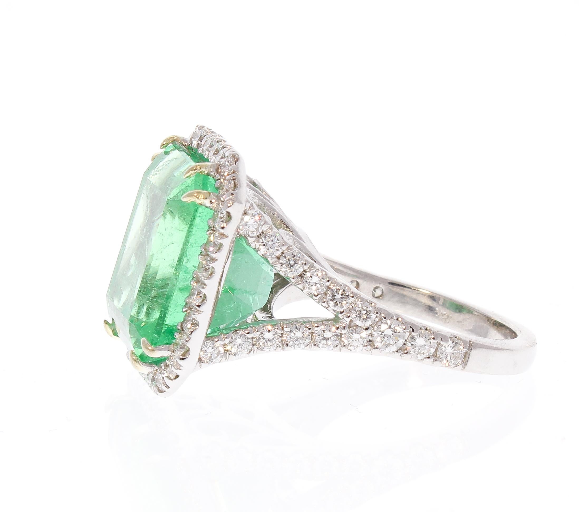 PGS Certified 13.06 Carat Colombian Emerald Cut Emerald and Diamond 18K Ring 1