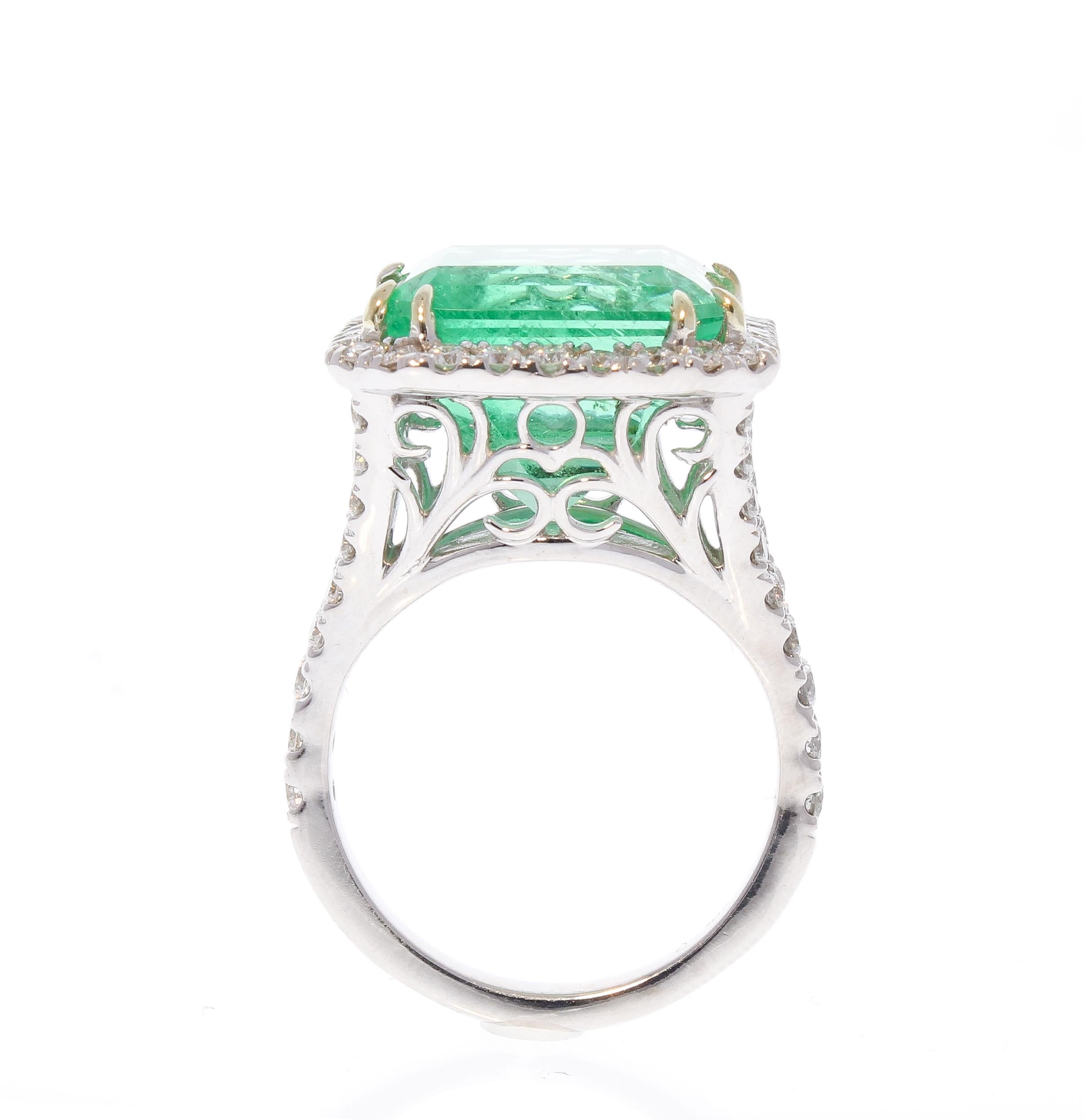 PGS Certified 13.06 Carat Colombian Emerald Cut Emerald and Diamond 18K Ring 3