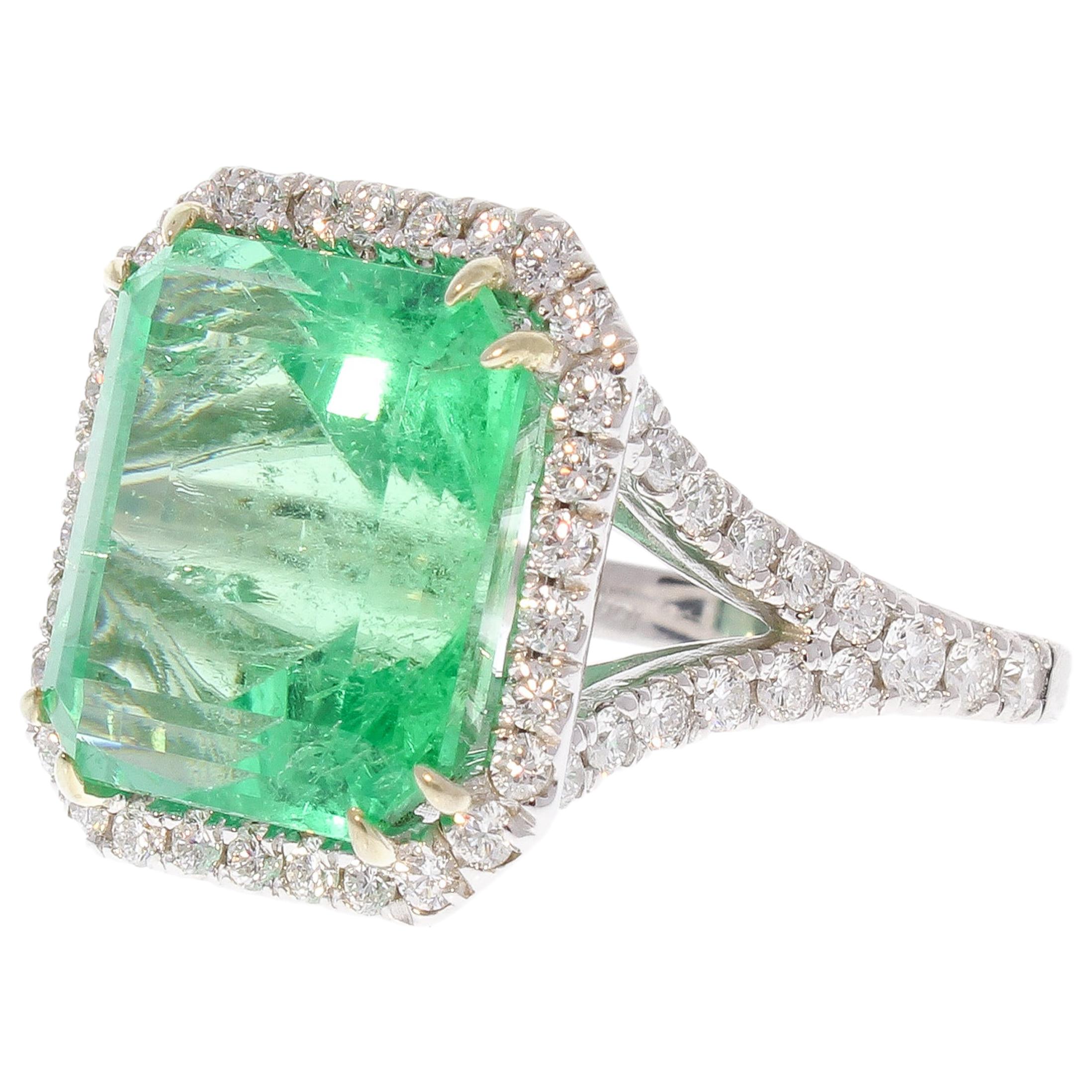 PGS Certified 13.06 Carat Colombian Emerald Cut Emerald and Diamond 18K Ring