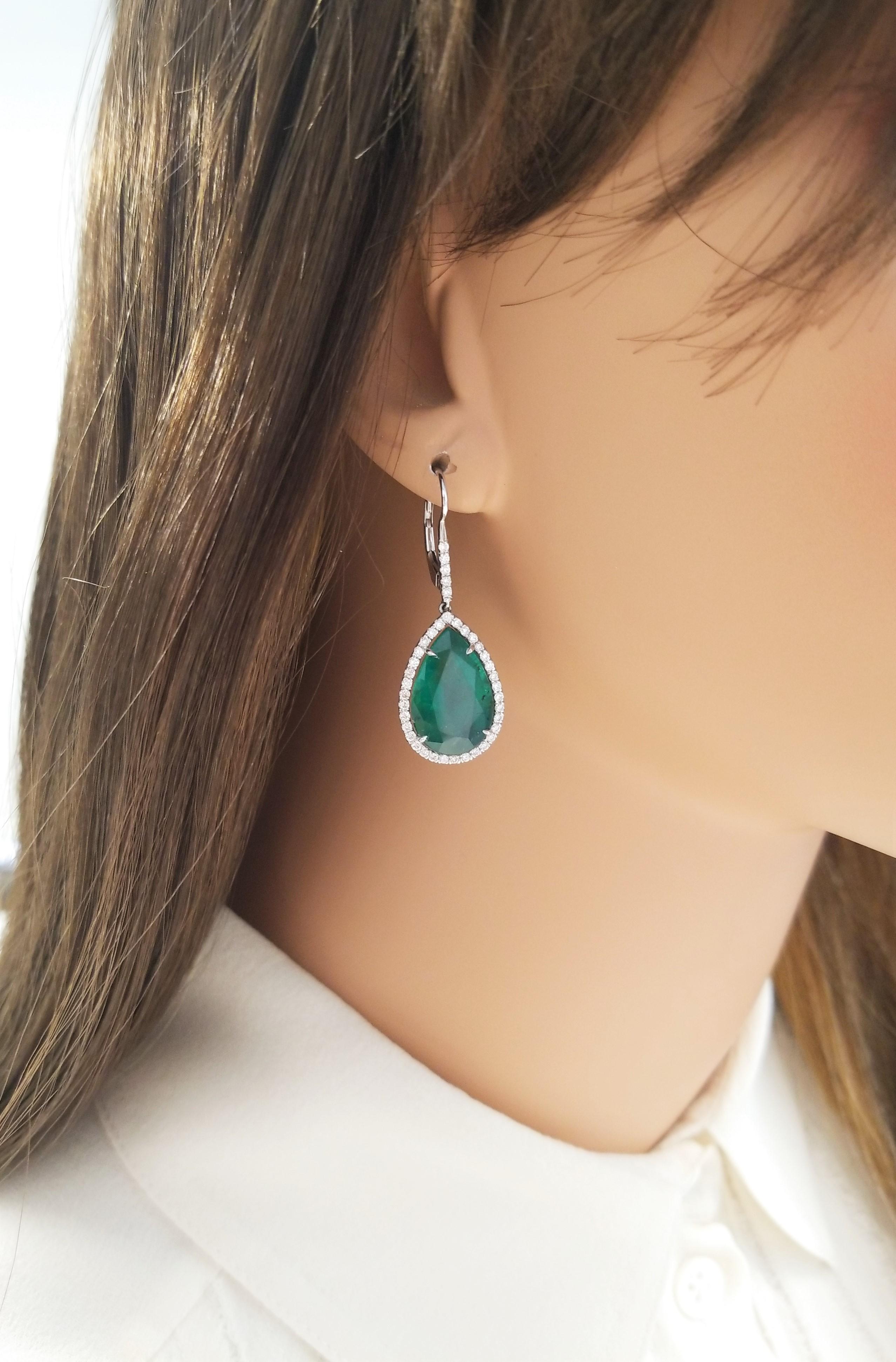 Pear Cut PGS Certified 15.93 Carat Total Pear Shape Emerald and Diamond Gold Earrings