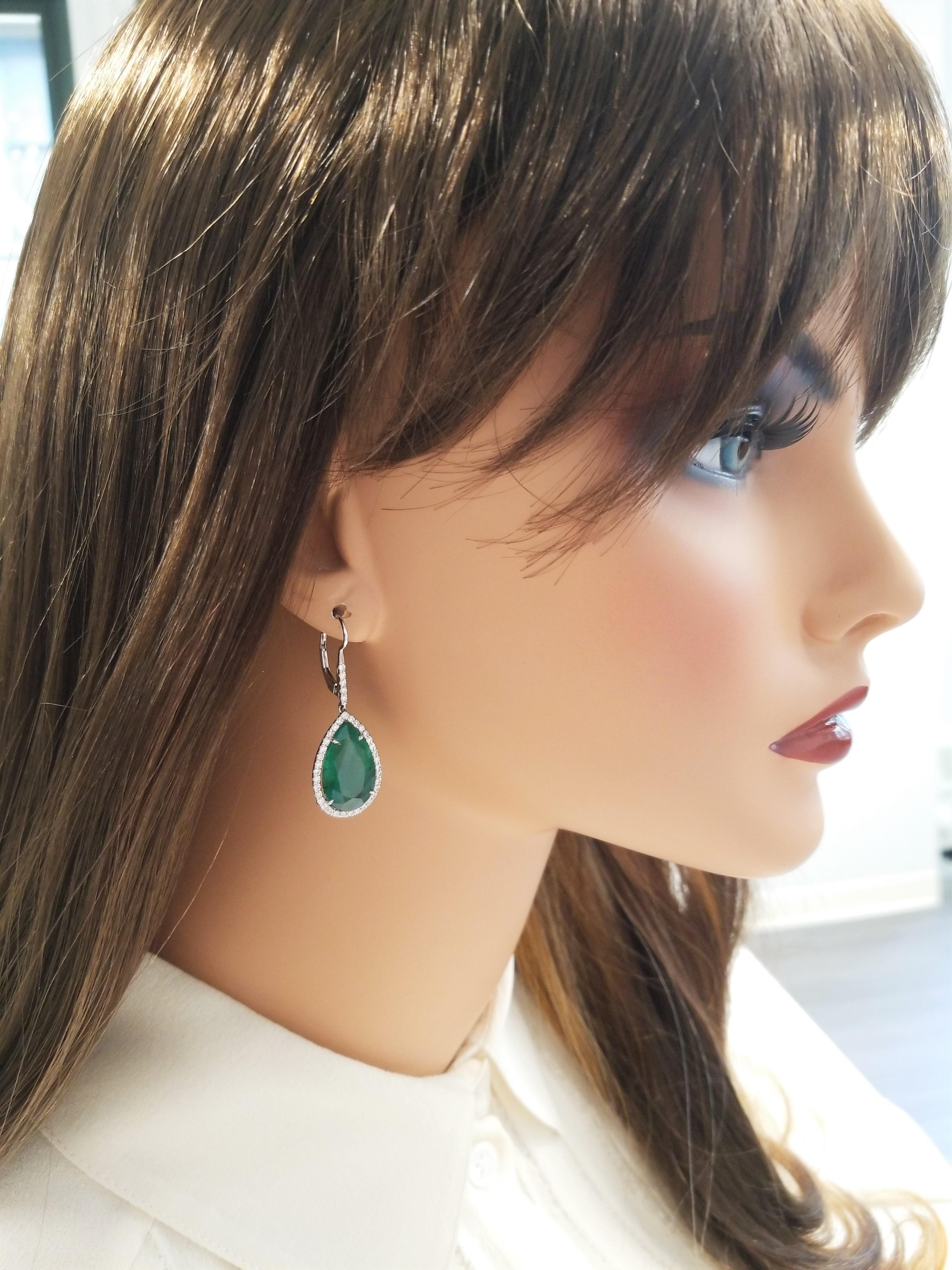 Women's PGS Certified 15.93 Carat Total Pear Shape Emerald and Diamond Gold Earrings