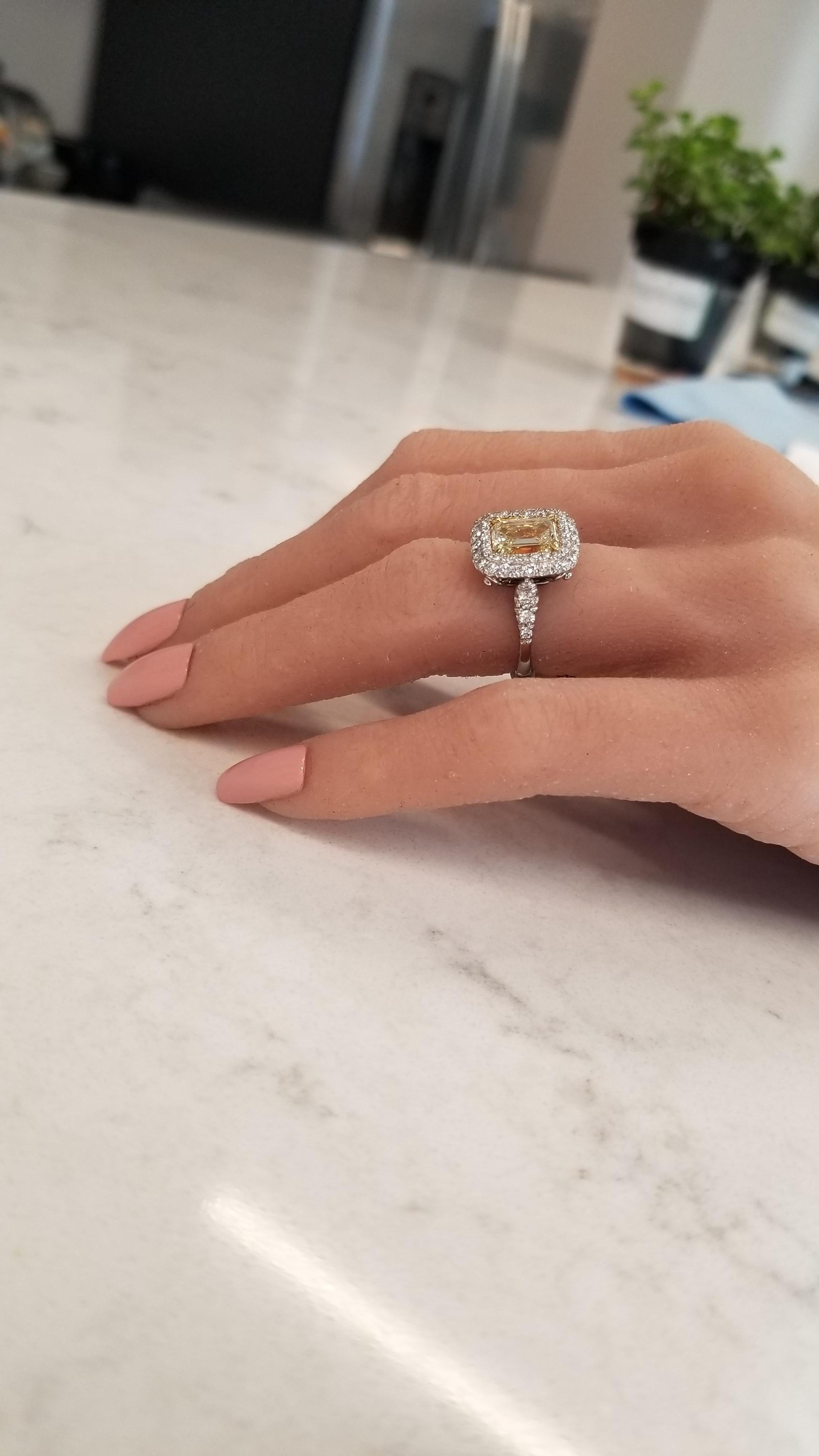  PGS Certified 2.08 Carat Emerald Cut Fancy Intense Yellow Diamond Cocktail Ring In New Condition In Chicago, IL