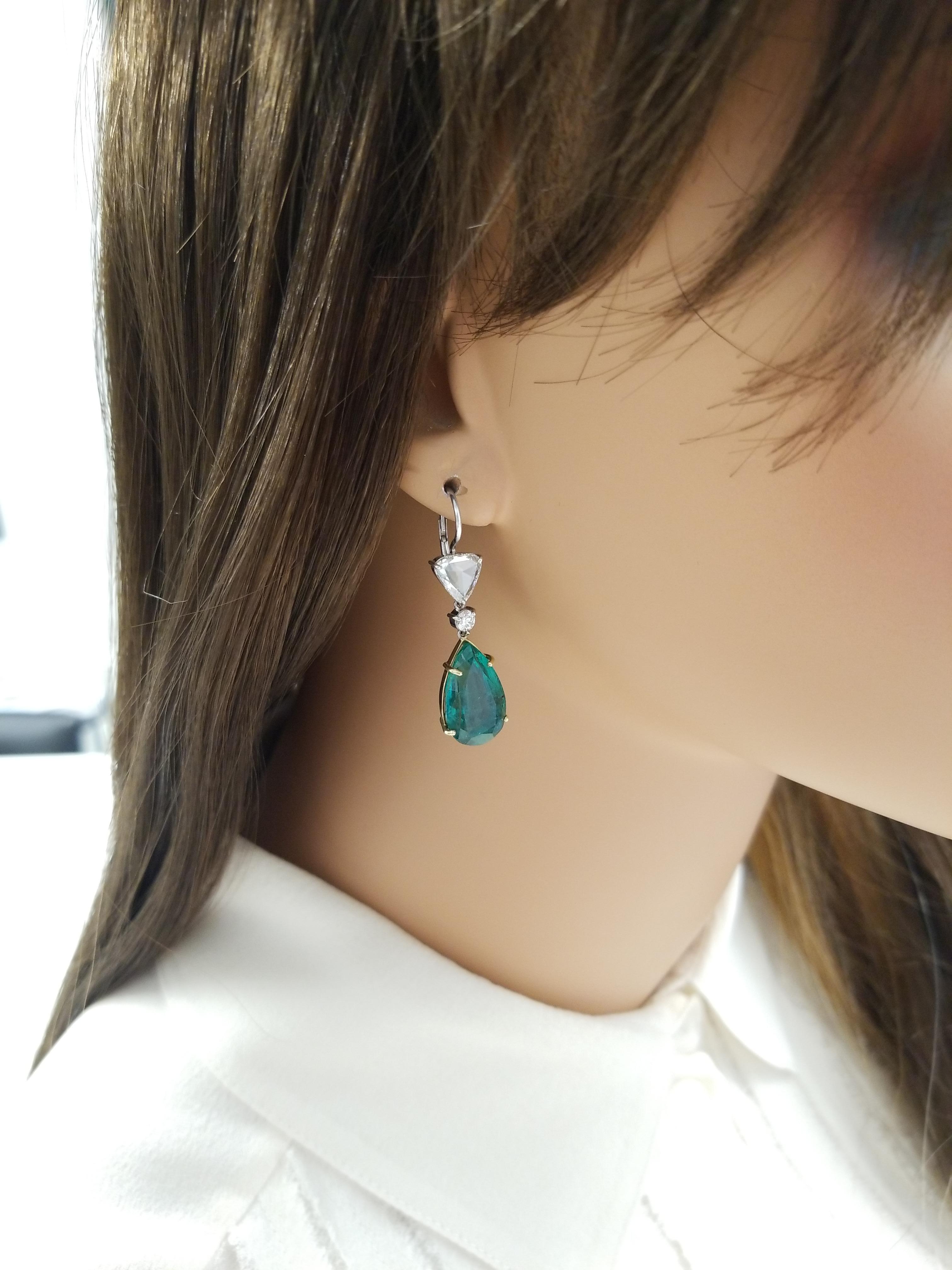 Pear Cut PGS Certified Pear Shape Emeralds and GIA Certified Rose Cut Diamond Earrings For Sale