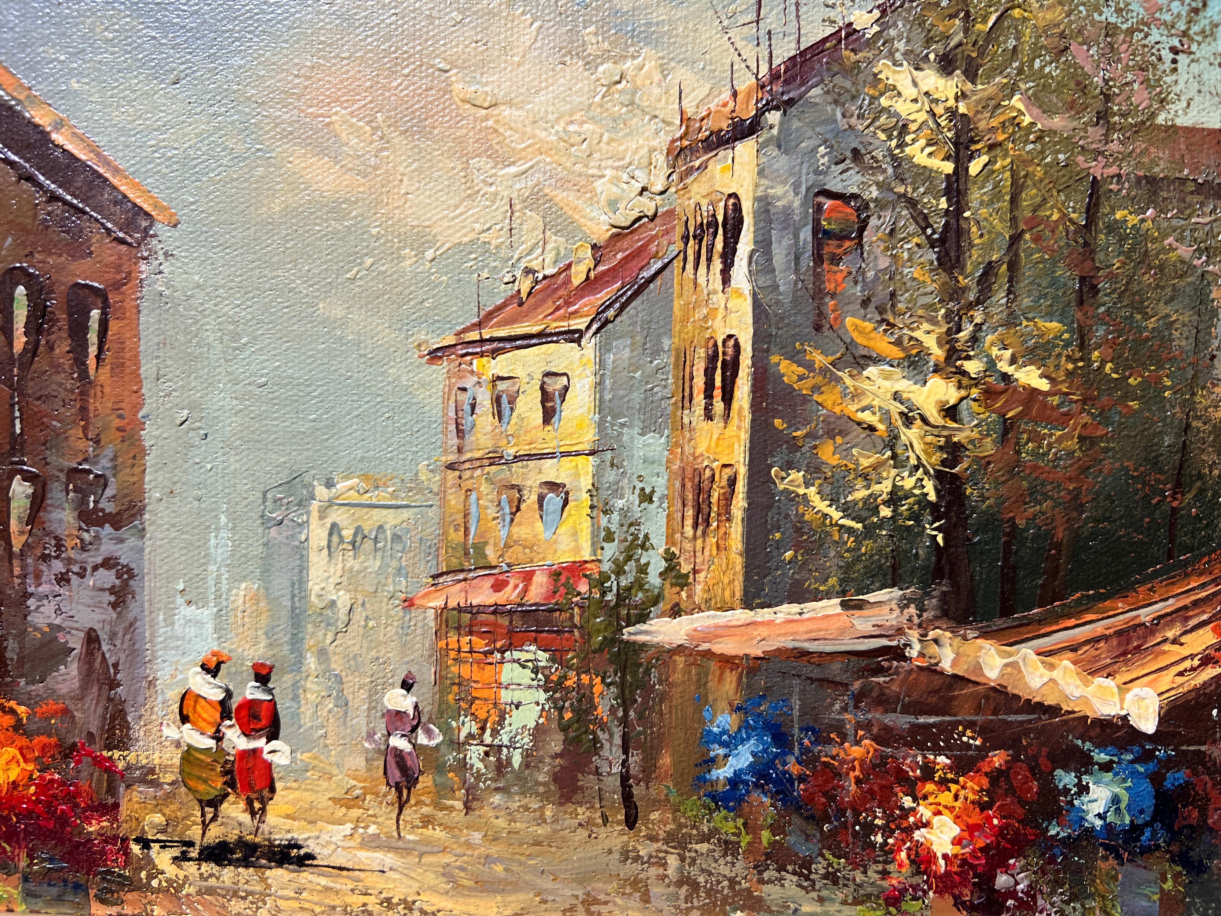 Up For Sale, This Beautiful Original Oil Painting board depicts a Parisian street Scene and market scene. Signed In the Lower left corner By P.G.Tiela.

 Italian artist P.G. Tiela passed away in the 1970s. He's well known for his numerous works of