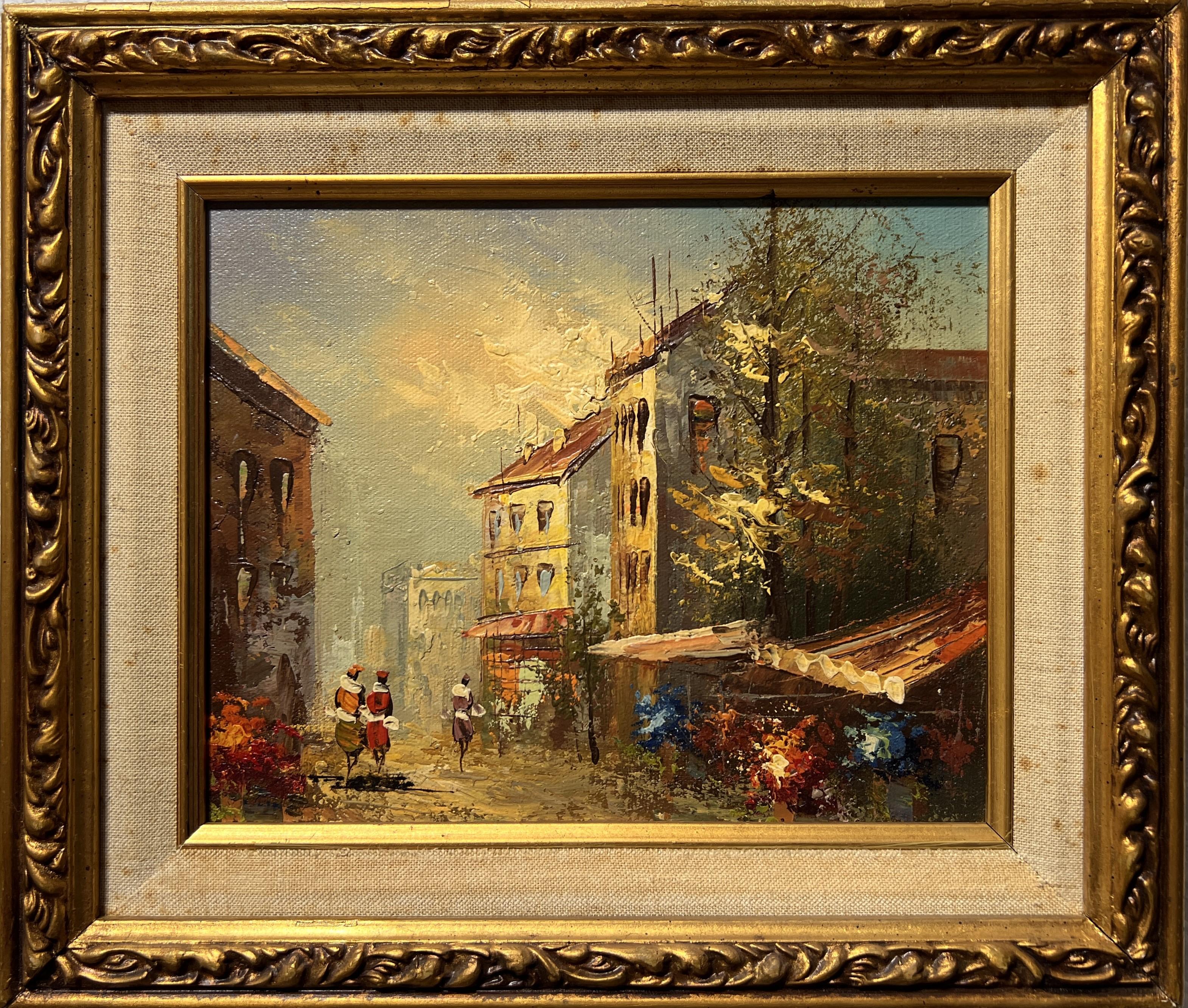 Up For Sale, This Beautiful Original Oil Painting board depicts a Parisian street Scene and market scene. Signed In the Lower left corner By P.G.Tiela.

 Italian artist P.G. Tiela passed away in the 1970s. He's well known for his numerous works of