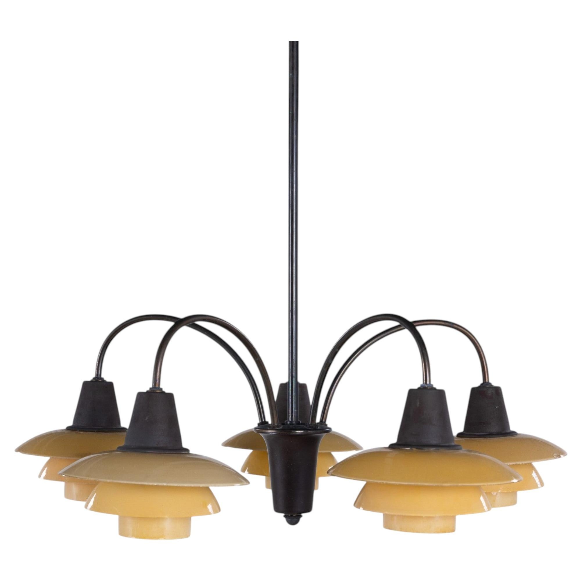 PH 2/2 - 'Bombardement' chandelier w. yellow glass shades by Poul Henningensen