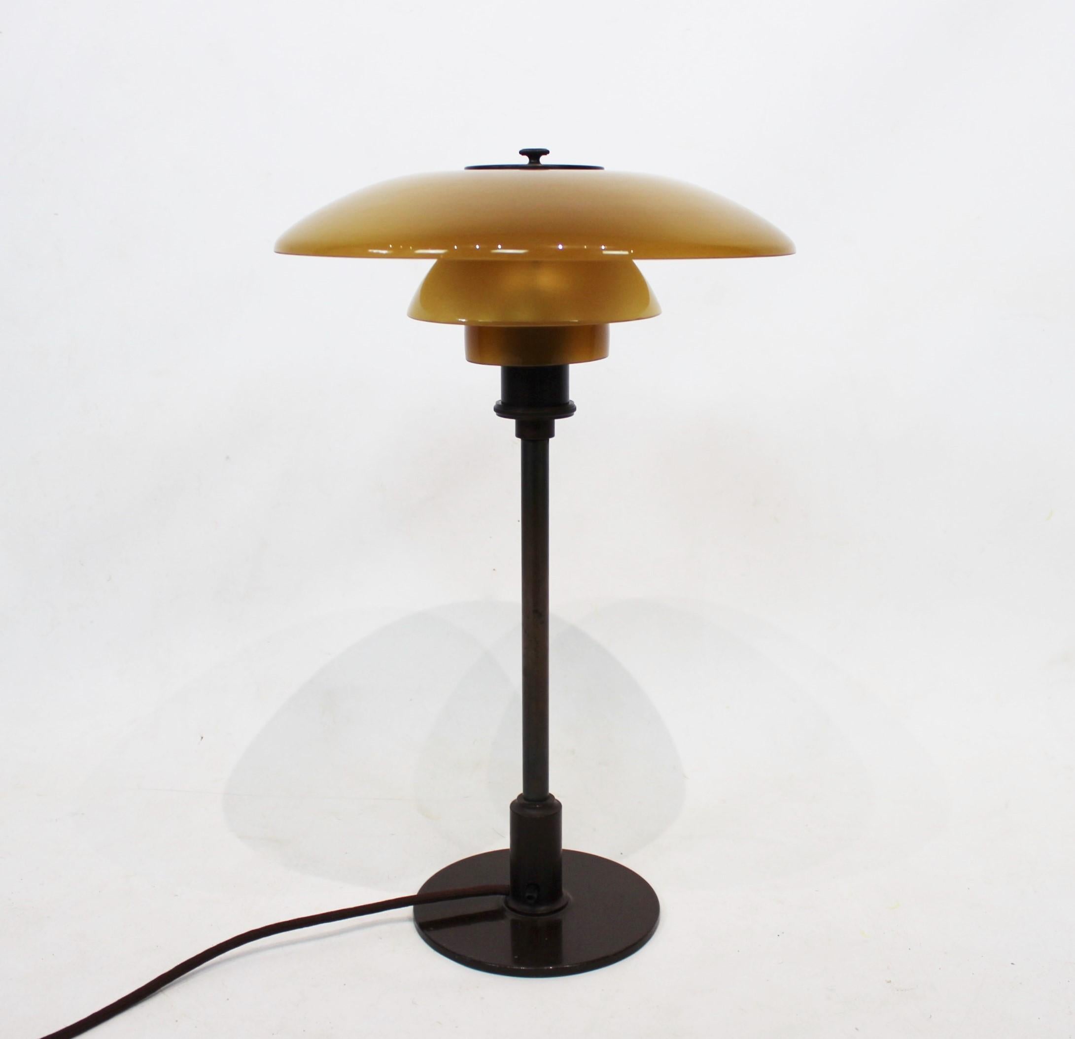 Danish PH 3/2 Tablelamp with Shades of Amber Colored Glass, 1930s