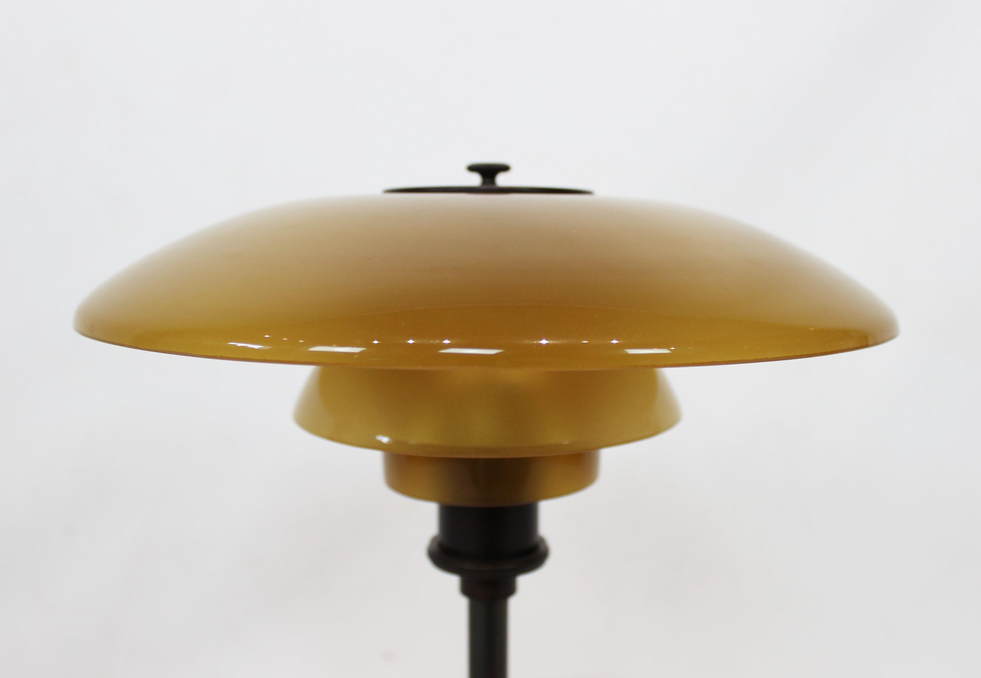 Brass PH 3/2 Tablelamp with Shades of Amber Colored Glass, 1930s