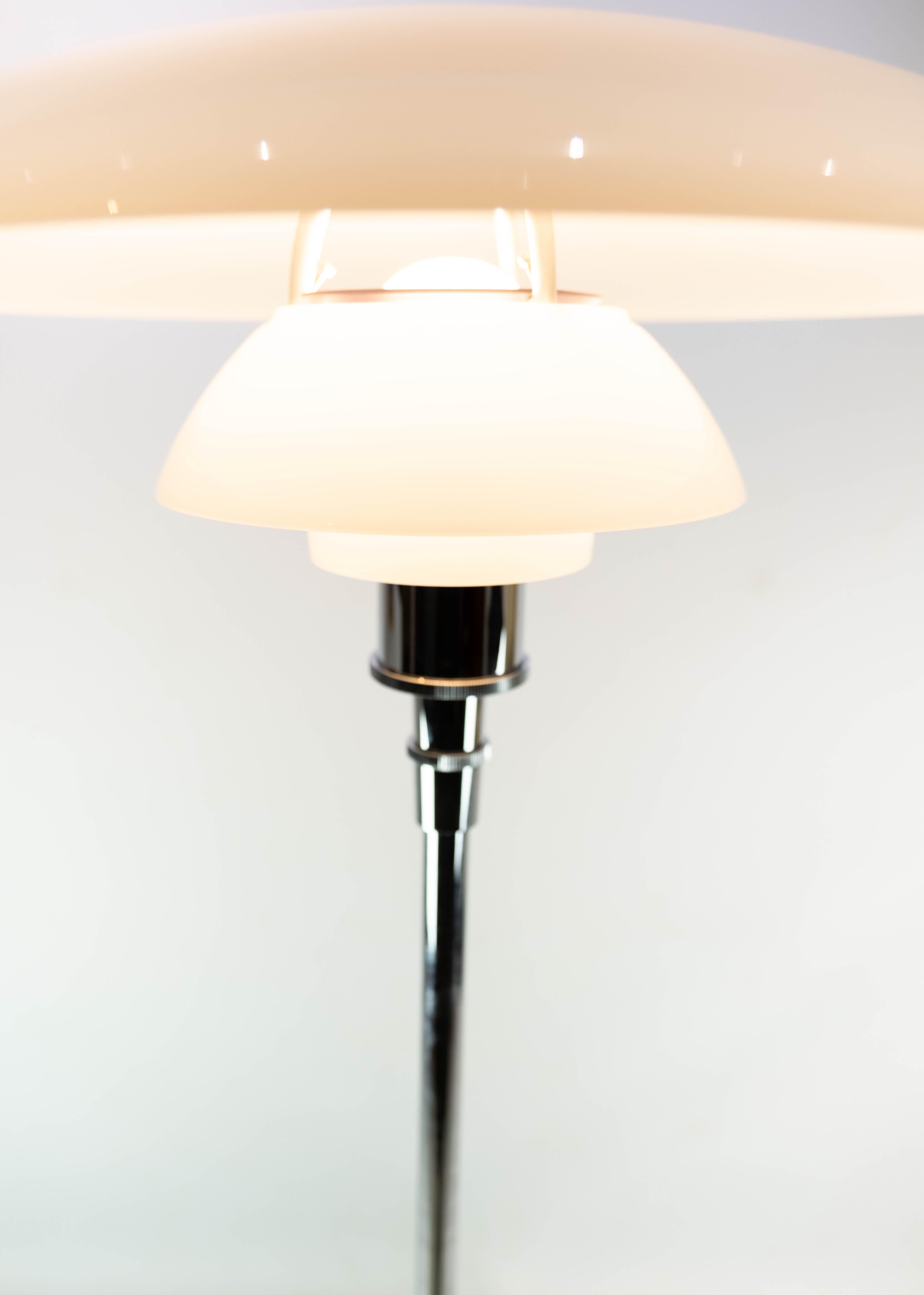 Mid-20th Century Ph 4 1/2-3 1/2 Floor Lamp of Chrome with Shades of Opaline Glass For Sale