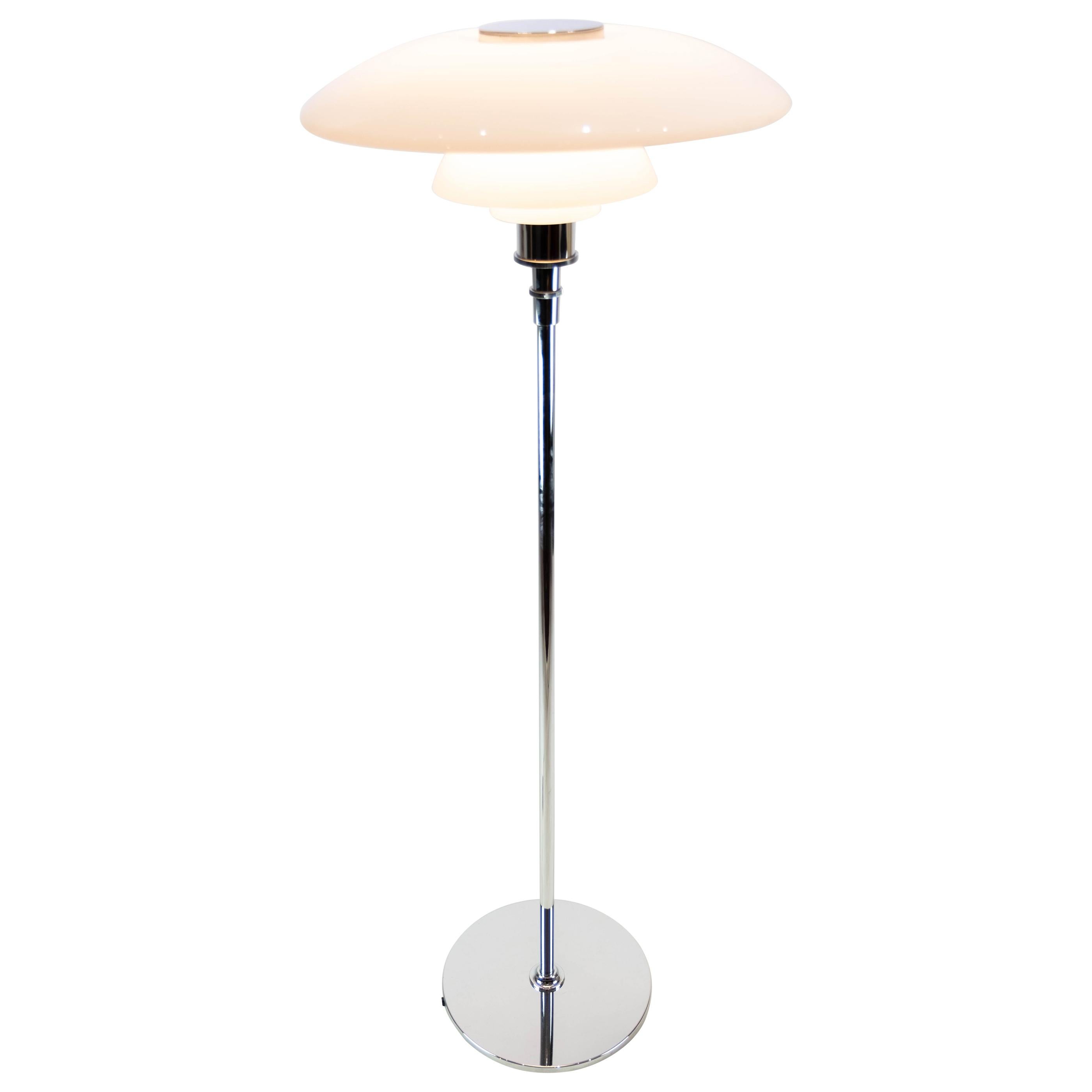 Ph 4 1/2-3 1/2 Floor Lamp of Chrome with Shades of Opaline Glass For Sale