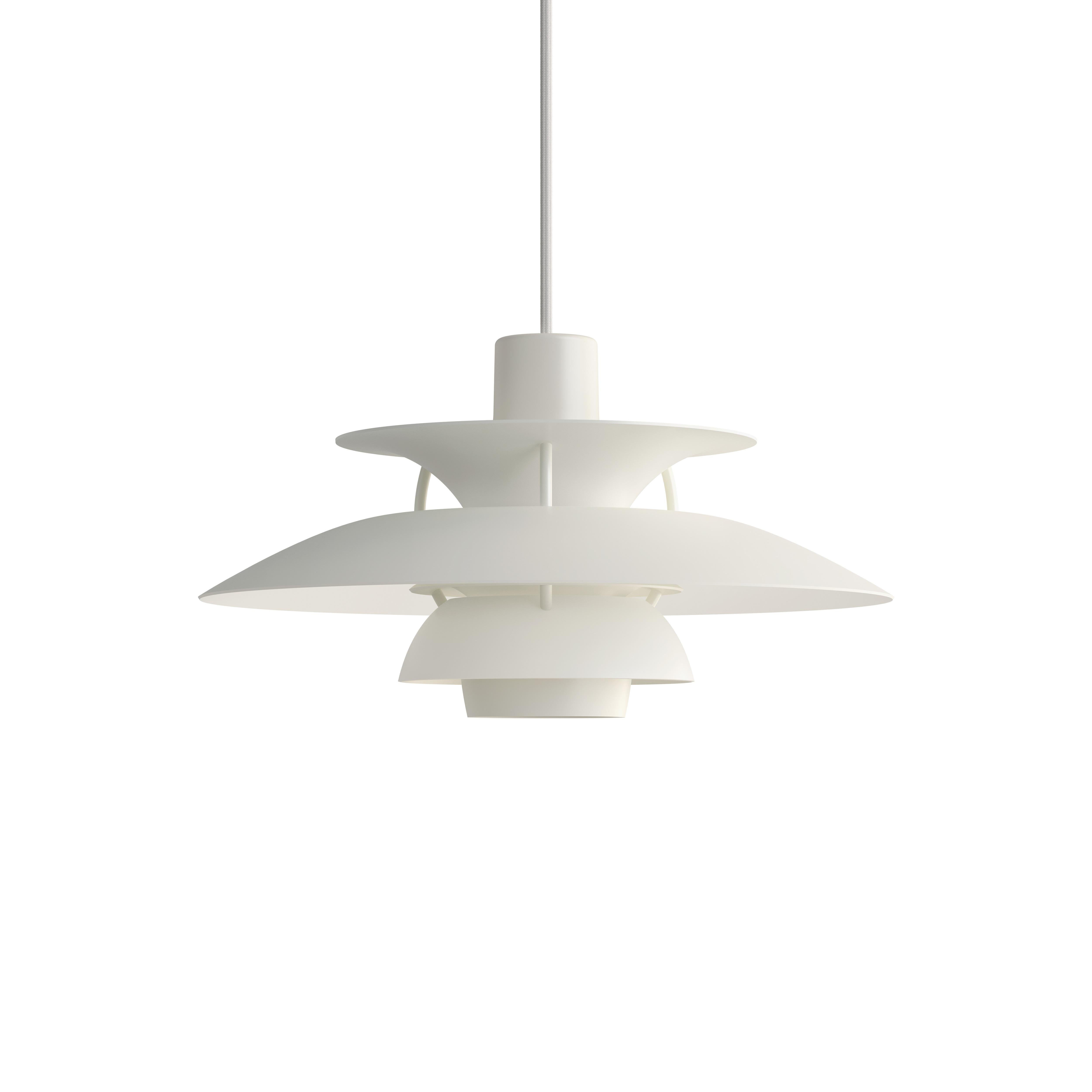 Poul Henningsen developed the PH 5 in 1958 in response to constant changes made to the shape and size of incandescent bulbs by bulb manufacturers, naming it after the size of the pendant’s main shade, which is 50 cm in diameter. When the lamp was