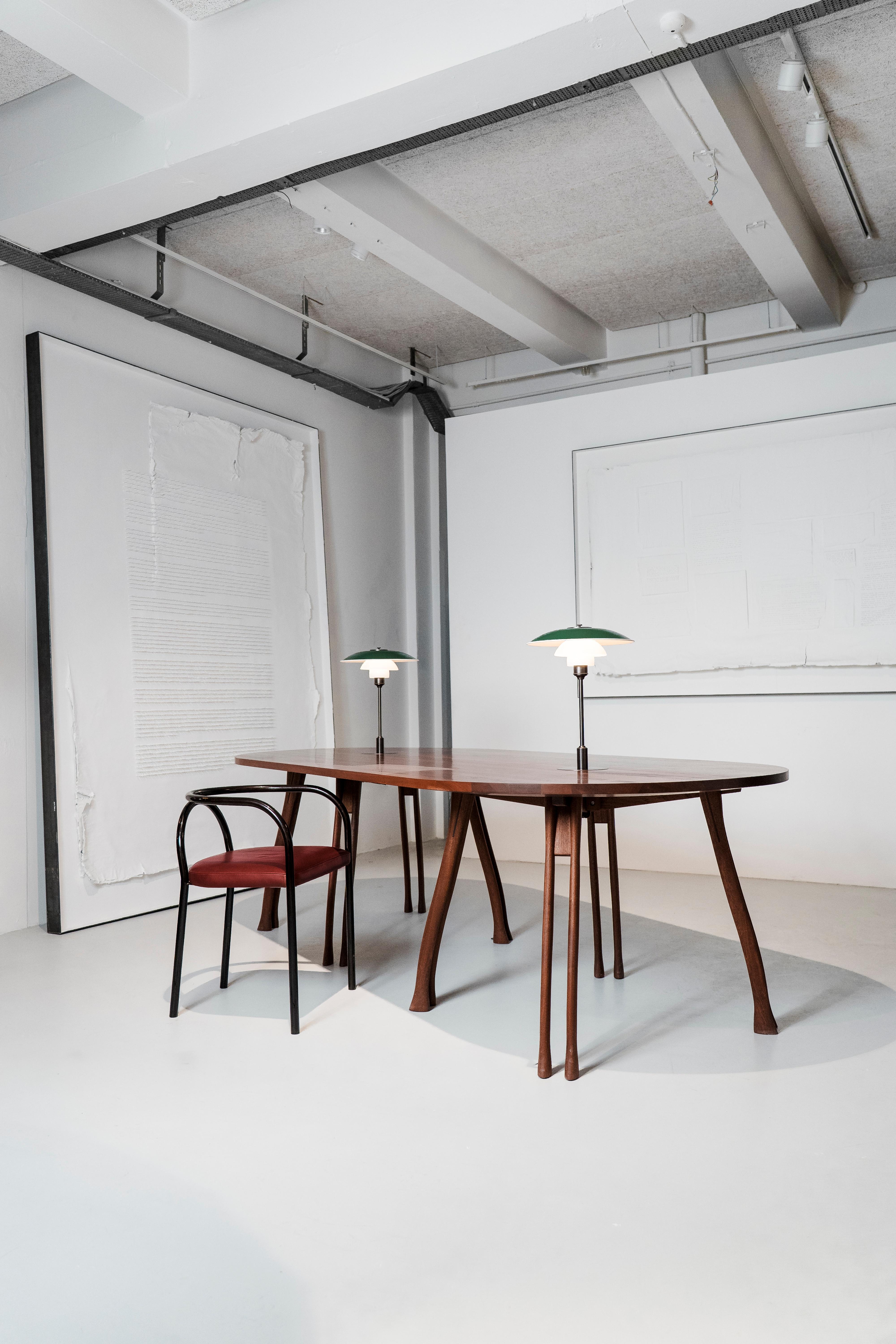 Danish PH Board Table - mahogany legs and table plate with two green PH 3 ½ - 2 ½ lamps For Sale
