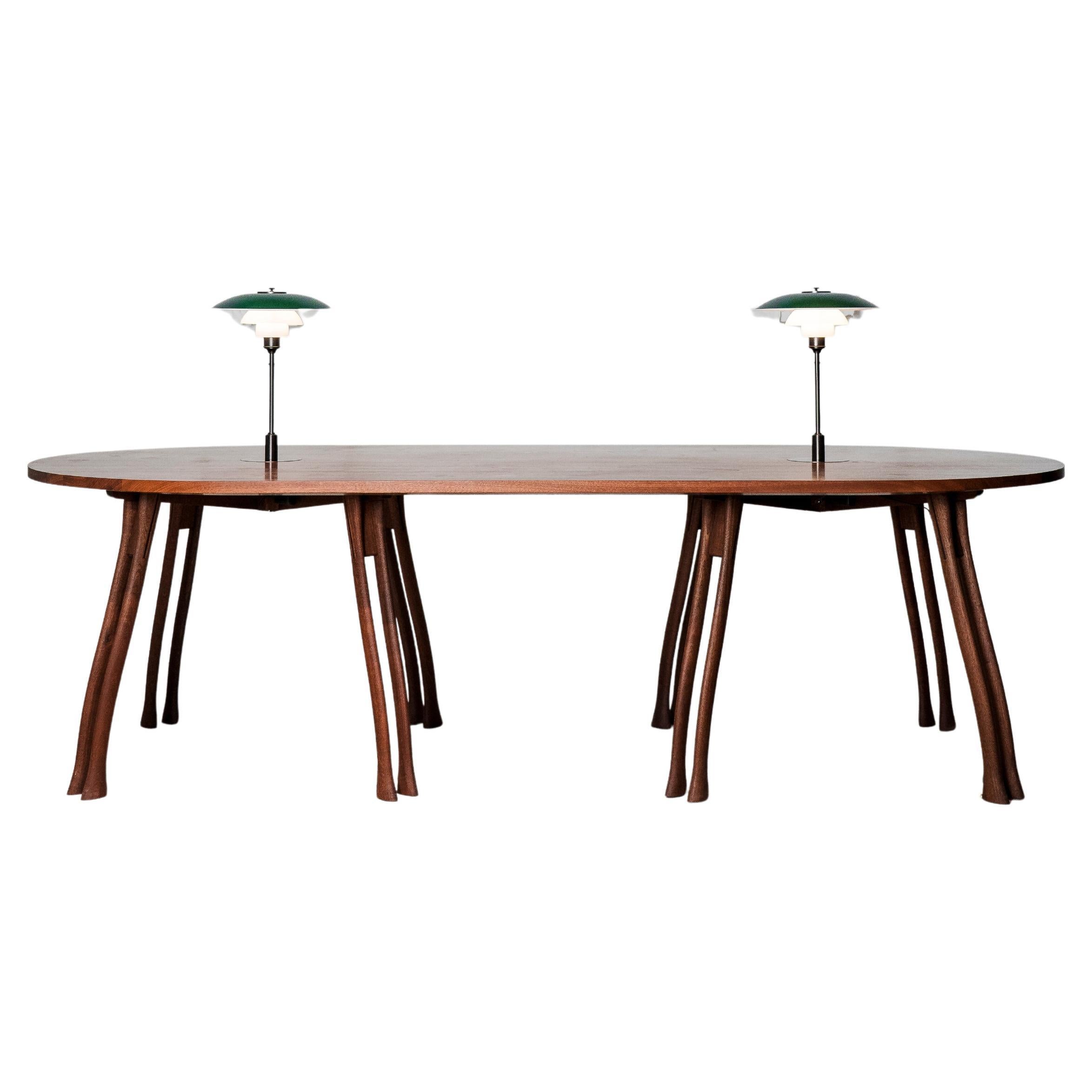 PH Board Table - mahogany legs and table plate with two green PH 3 ½ - 2 ½ lamps For Sale