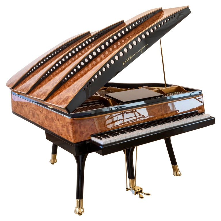 PH Bow Grand Piano in American Red Maple Burl with Brass Details For Sale