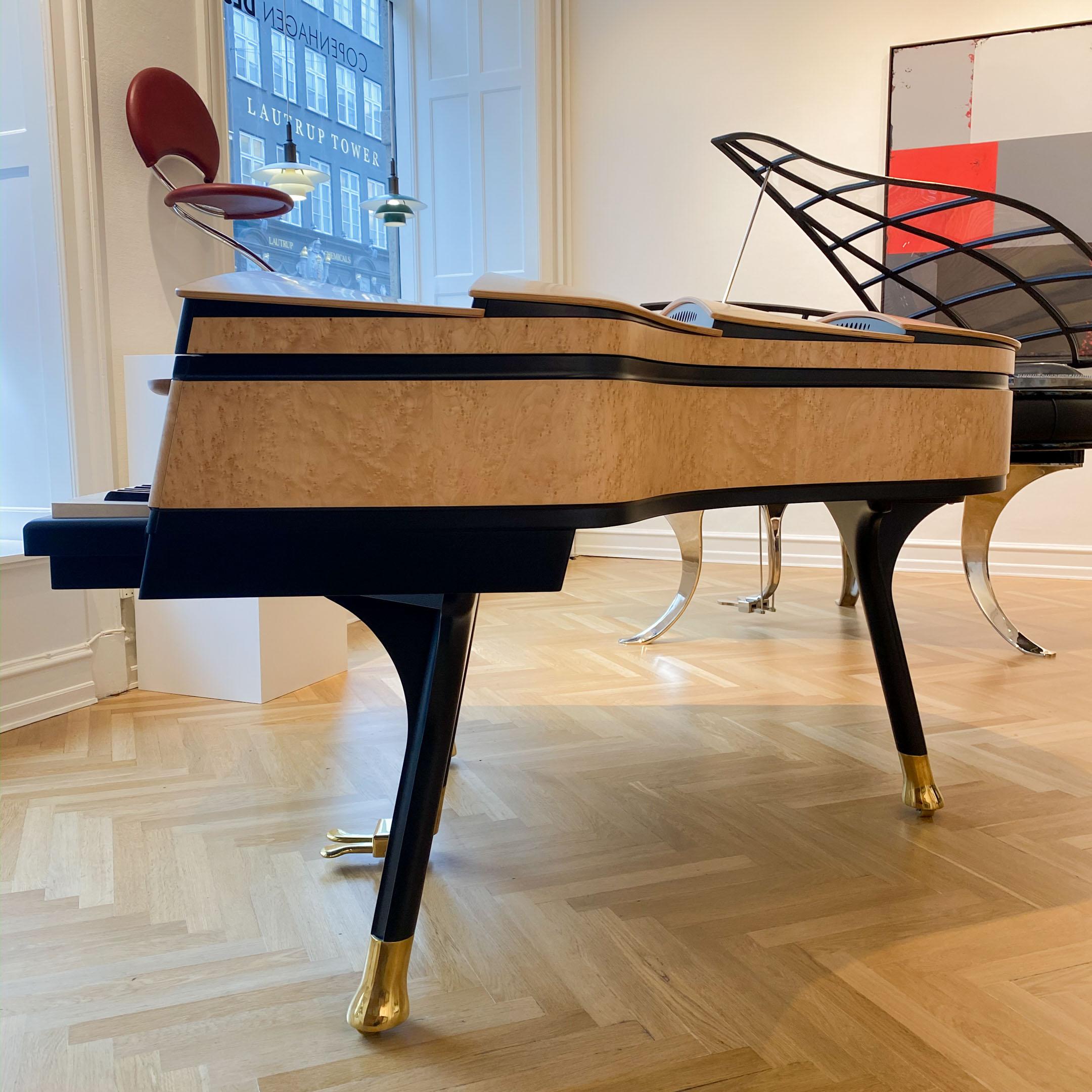 Contemporary PH Bow Grand Piano, Maple Birch with Brass Details For Sale