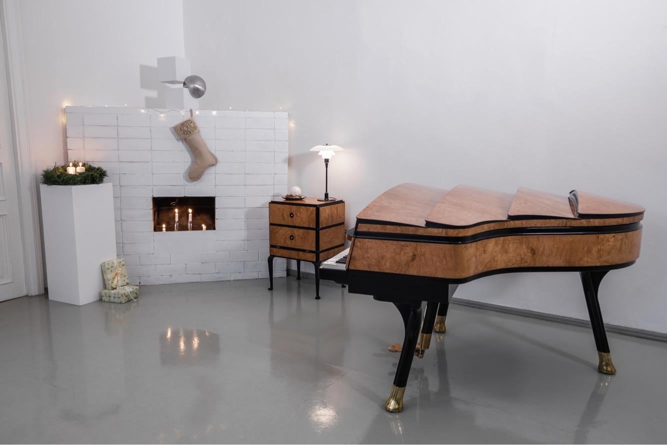 Art Deco PH Bow Grand Piano, Matte Chestnut Wood with Brass Details, Modern, Sculptural