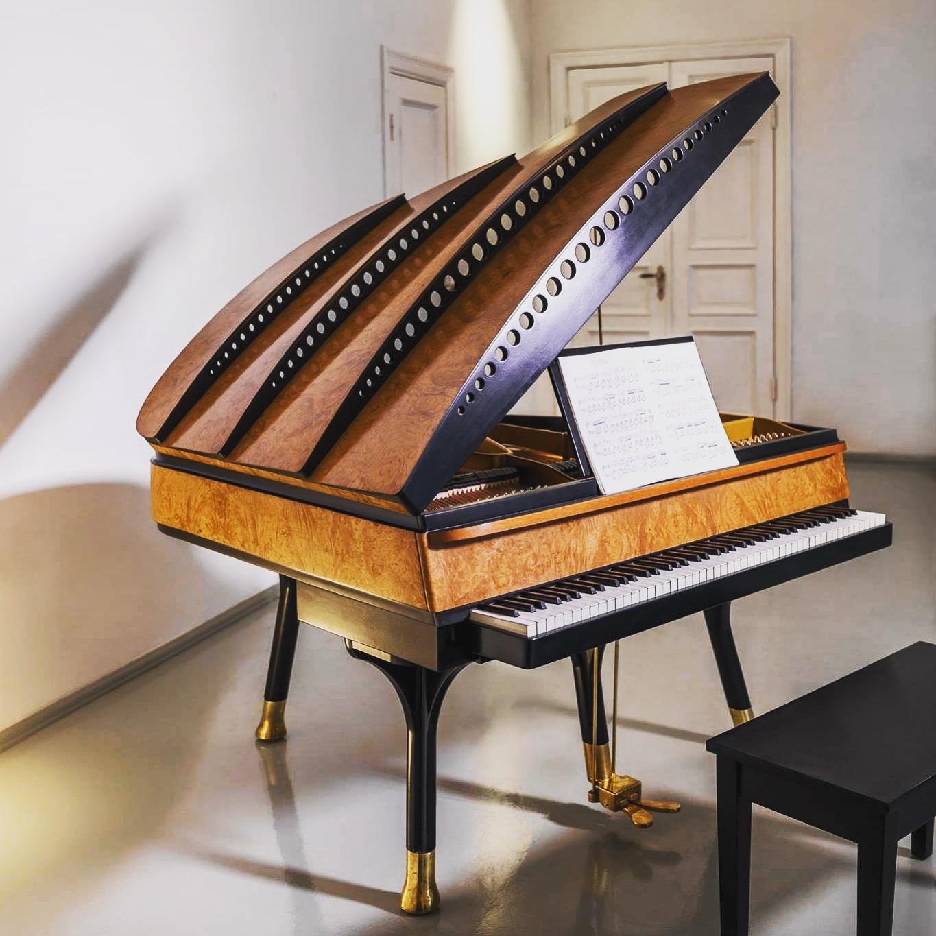 Danish PH Bow Grand Piano, Matte Chestnut Wood with Brass Details, Modern, Sculptural