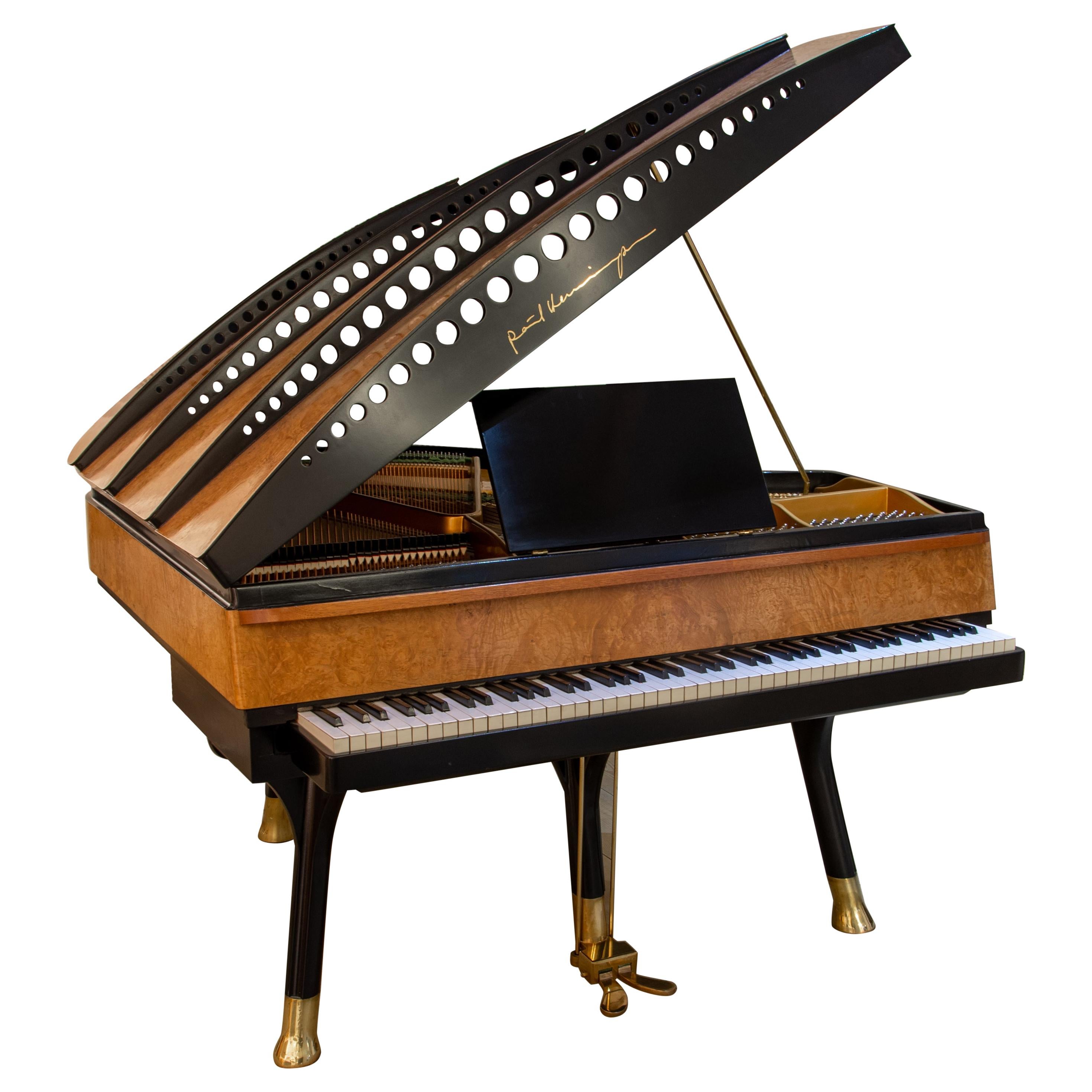 PH Bow Grand Piano, Matte Chestnut Wood with Brass Details, Modern, Sculptural