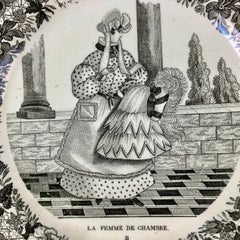 PH Choisy French Creamware Faïence Black Transferware Femme de Chambre Plate