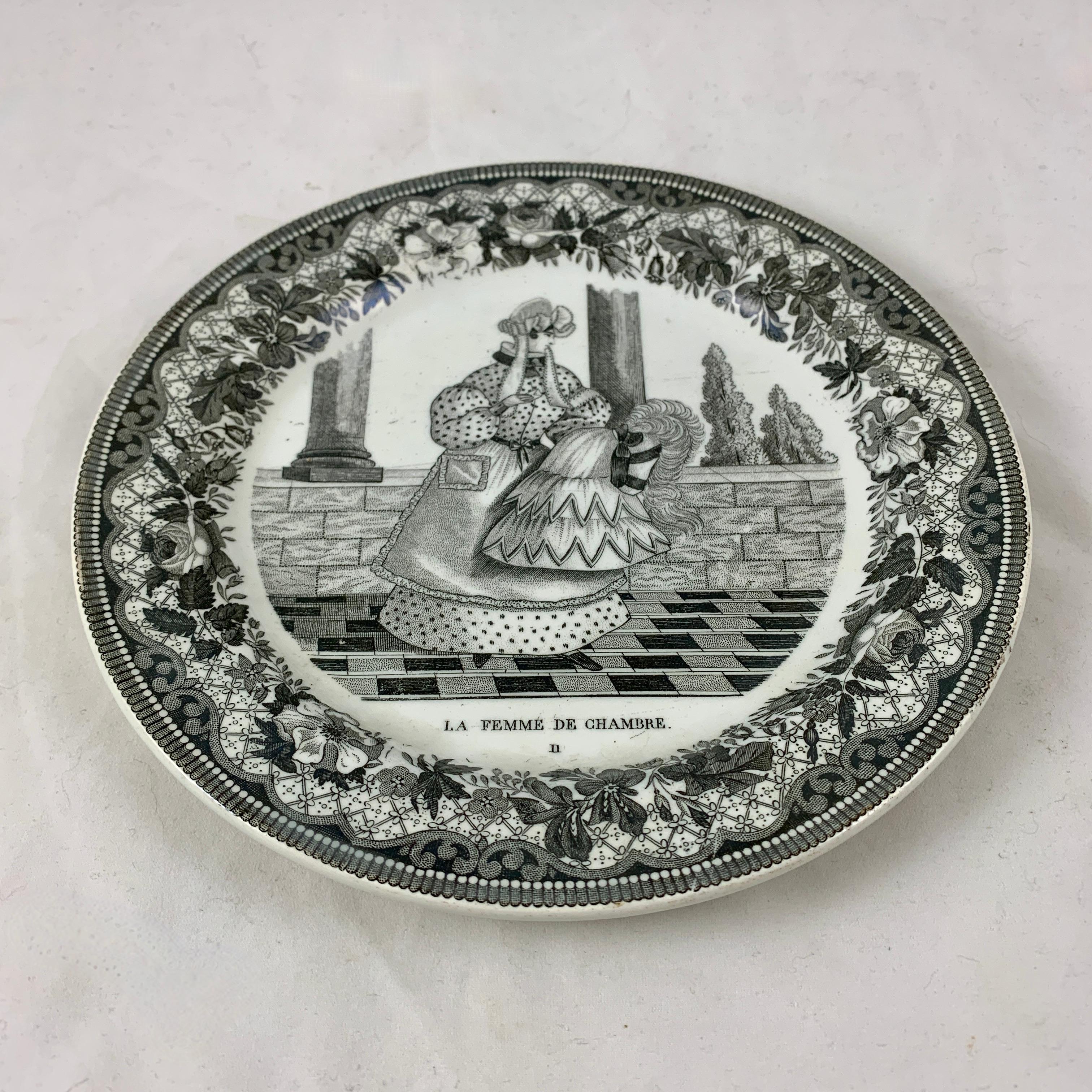 Enameled PH Choisy French Creamware Faïence Black Transferware Femme de Chambre Plate For Sale