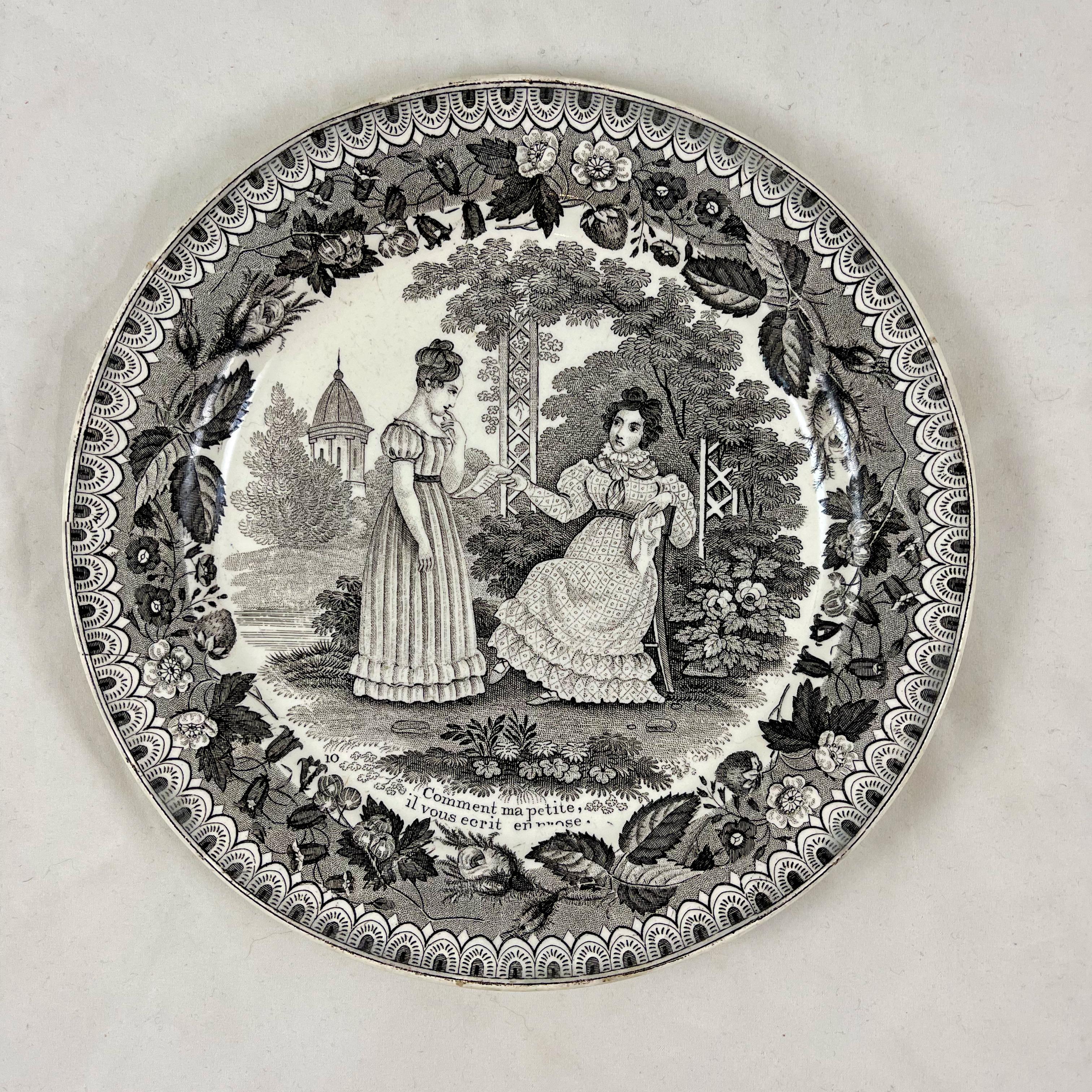 A set of four French faïence transfer printed creamware “assiette parlante” or talking plates, produced by P&H Choisy, Seine, France – circa 1824-1836.

Transfer printed in black with four different courting scenes sourced from the lithographs by