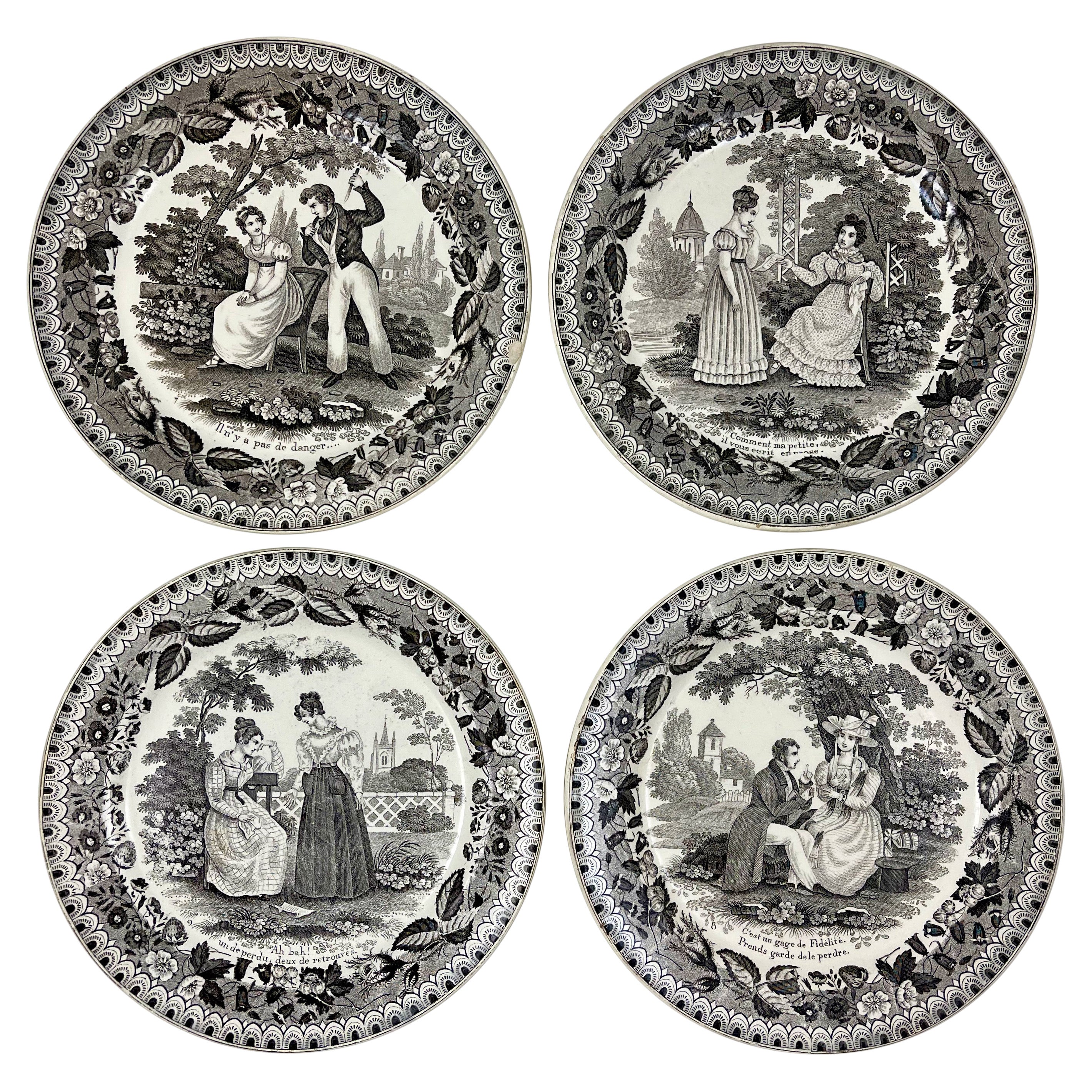 P&H Choisy French Creamware Assiette Parlante Assiette Faence Scheffer Set/4