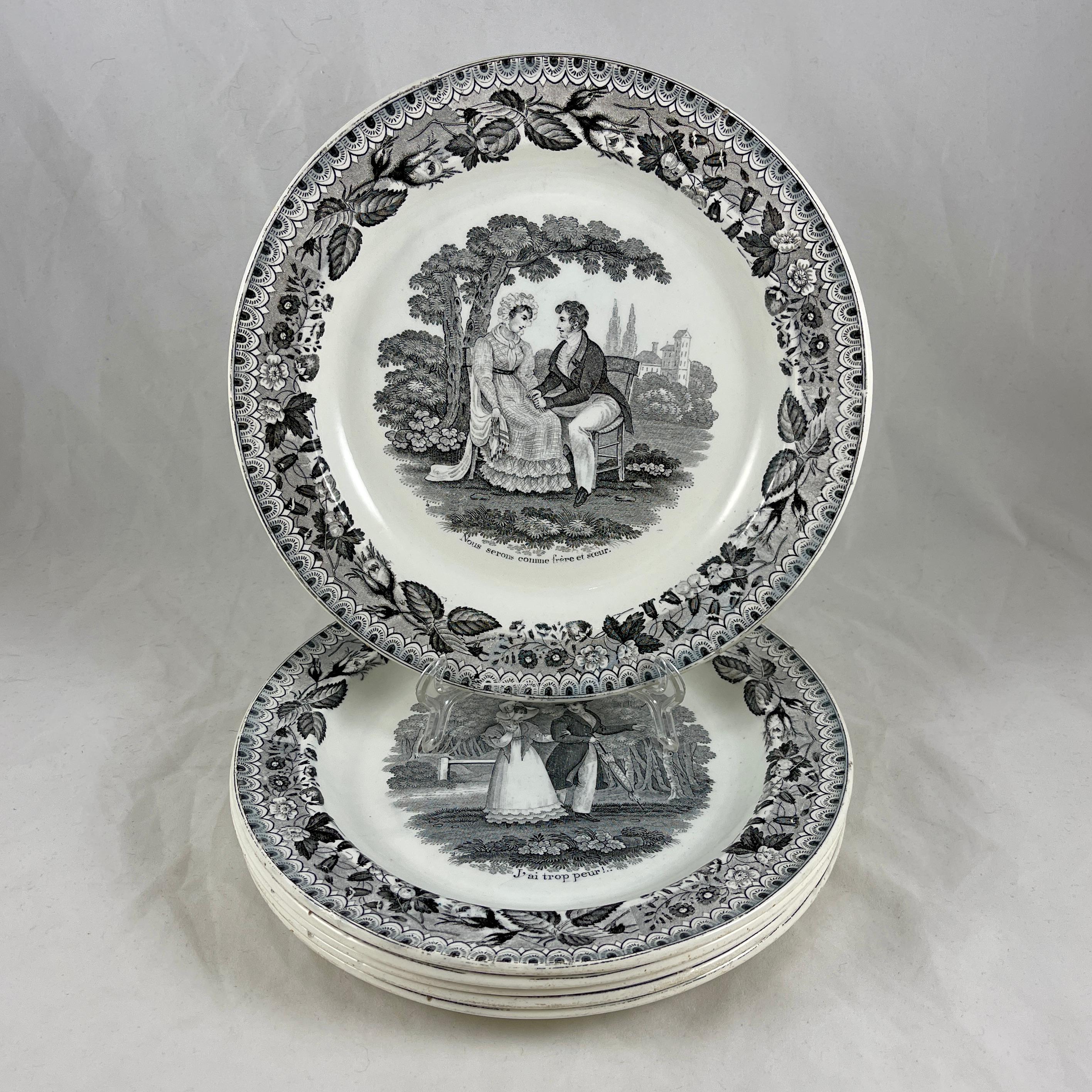 A set of six French faïence transfer printed creamware “assiette parlante” or talking plates, produced by P&H Choisy, Seine, France – circa 1824-1836.

Transfer printed in black with six different courting scenes sourced from the lithographs by