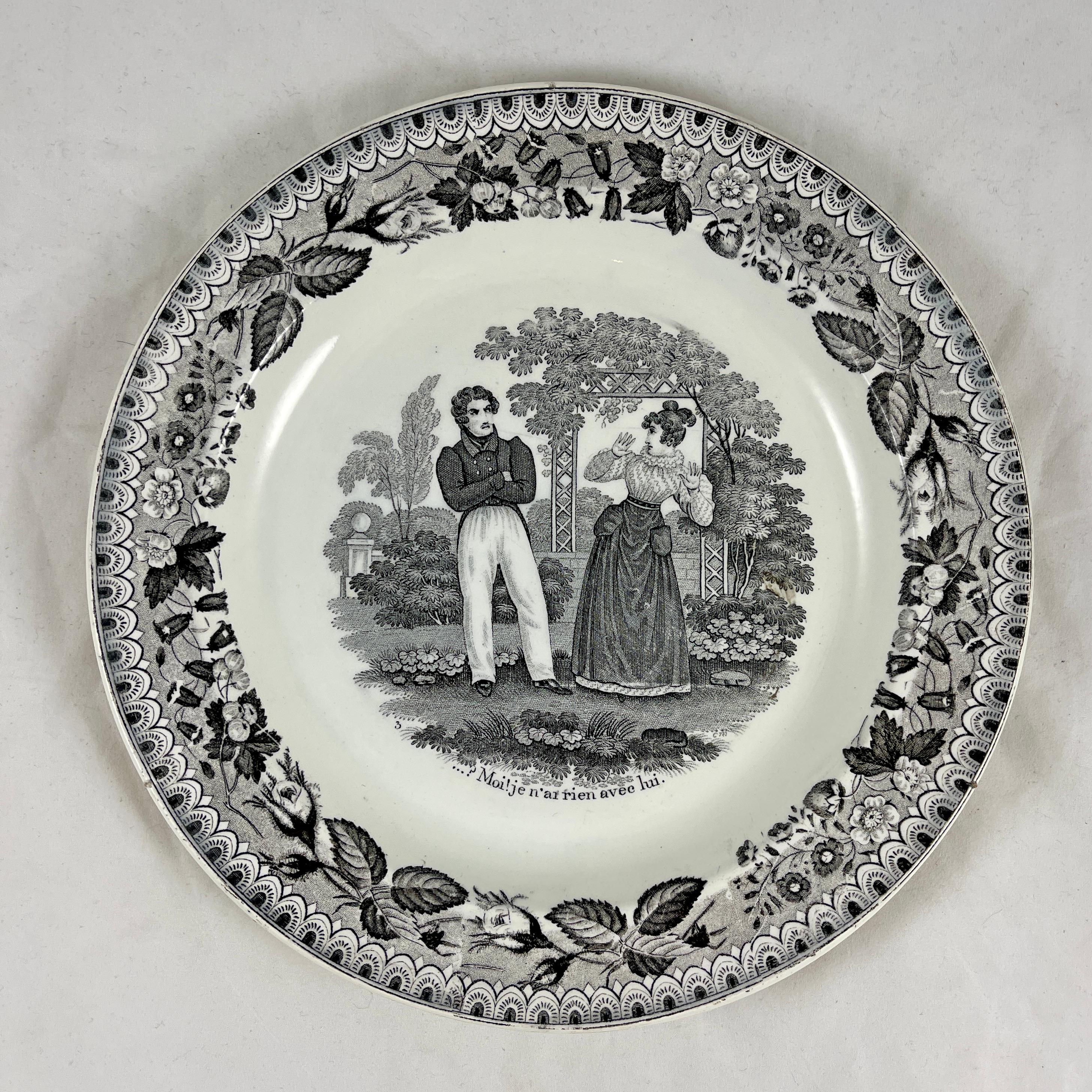 P&H Choisy French Creamware Faïence Scheffer Assiette Parlante Plates, Set/6 In Good Condition In Philadelphia, PA