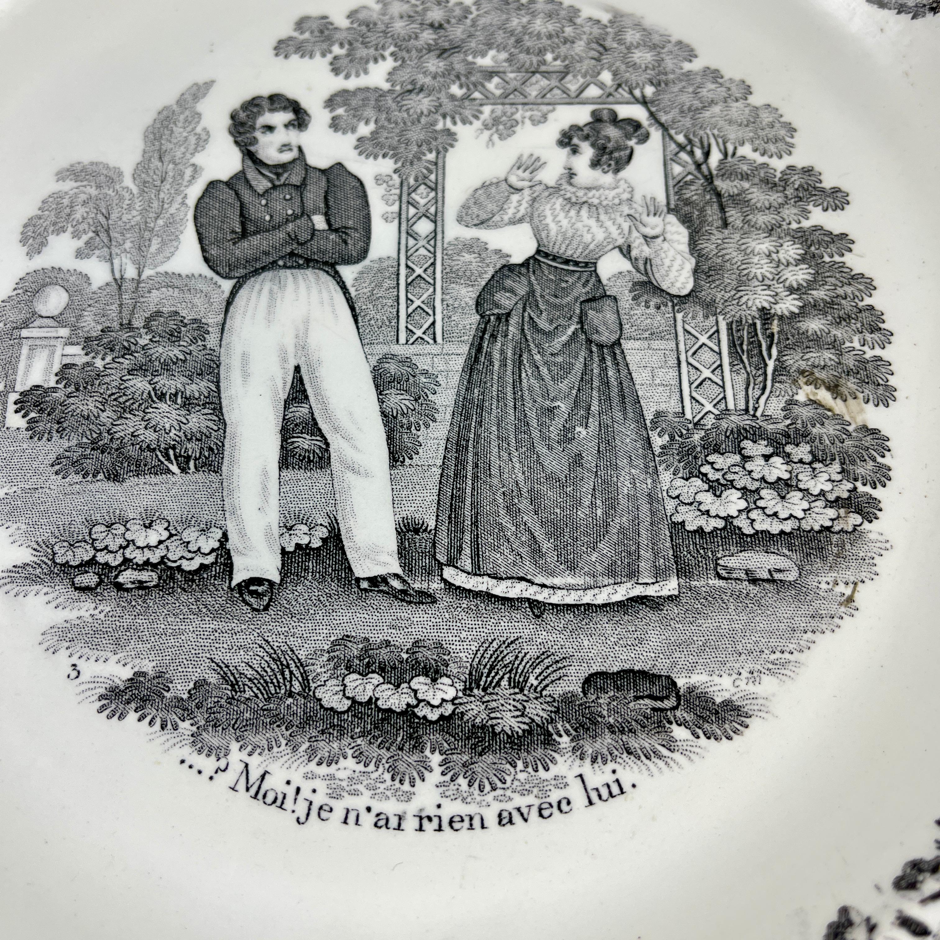 19th Century P&H Choisy French Creamware Faïence Scheffer Assiette Parlante Plates, Set/6