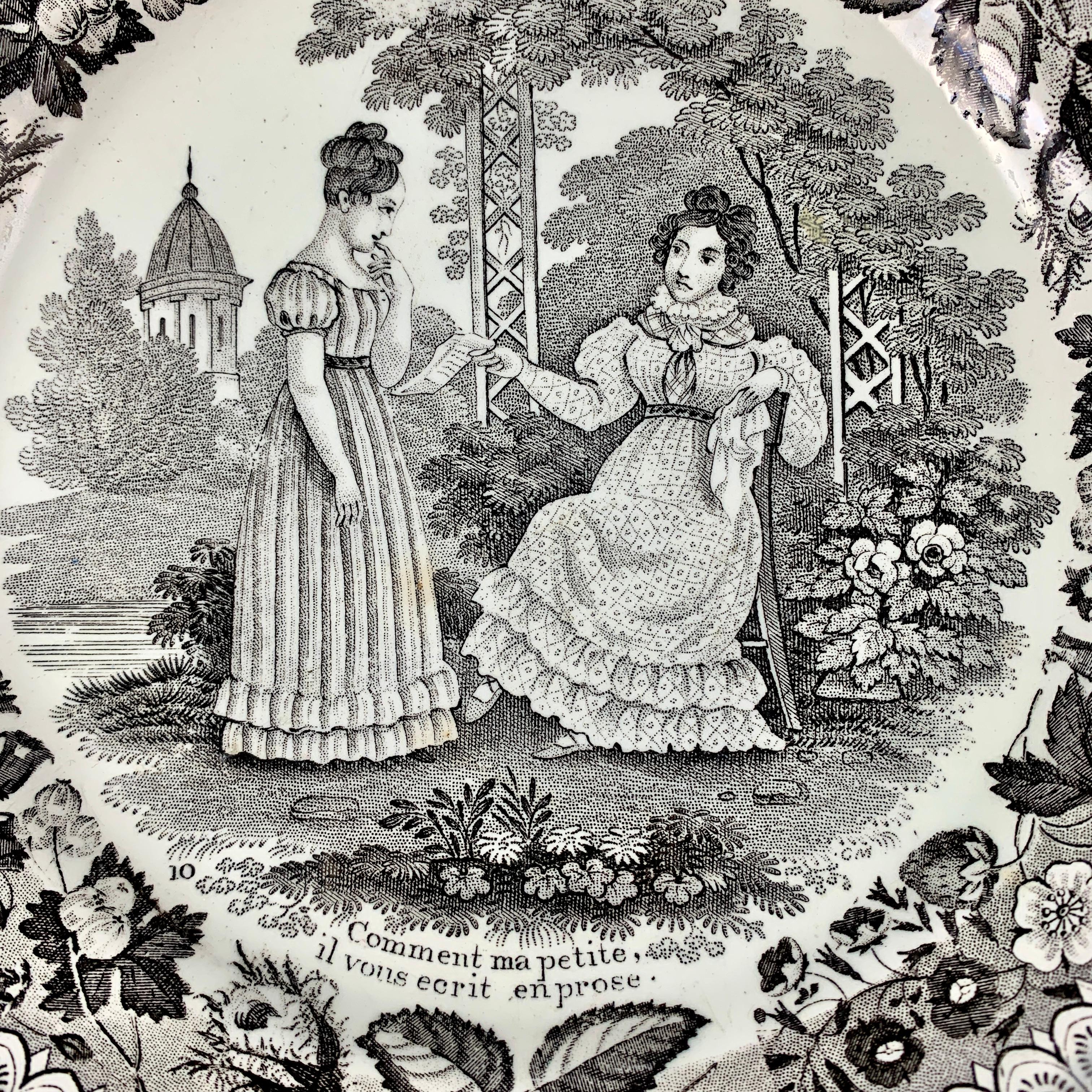 A French faïence transfer printed creamware “assiette parlante” or talking plate, produced by P&H Choisy, Seine, France – circa 1824-1836.

The title, “Comment ma petite, il vous ecrit en prose” translates to ‘How my little one, he writes to you