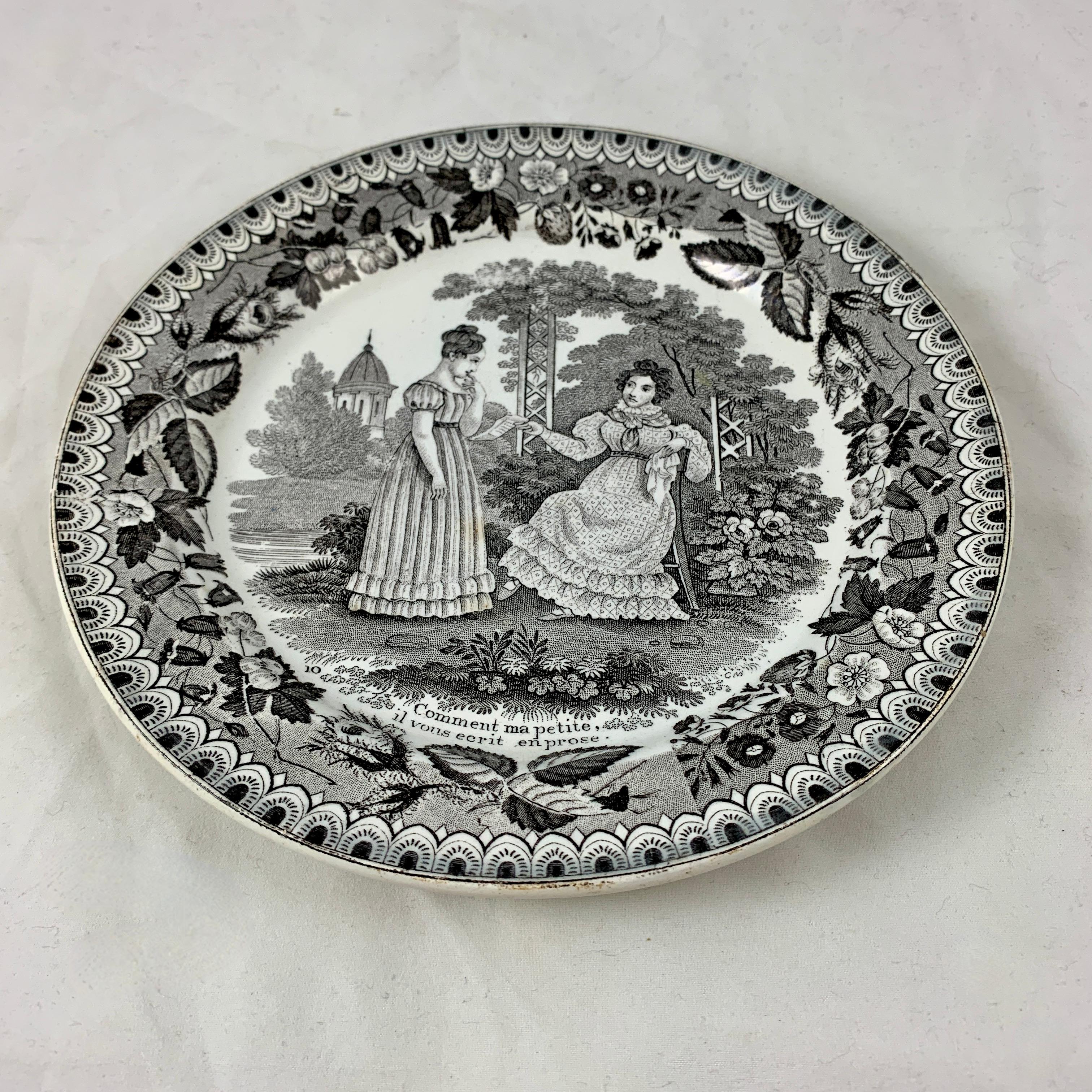 Enameled PH Choisy French Creamware Faïence Transferware Ecrit en Prose, Love Poem Plate For Sale